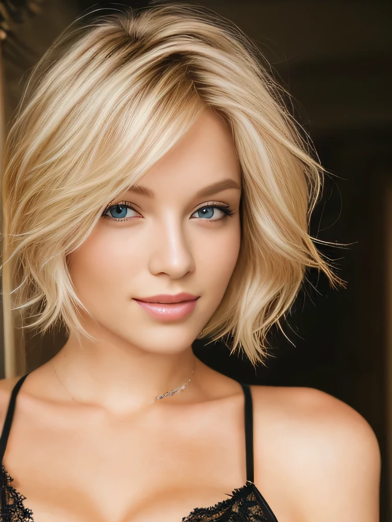 blonde woman with green eyes posing for a picture, blonde short hair, blonde and attractive features, short blonde hair, short blond hair, blonde hair and green eyes, blonde hair green eyes, short wavy blond hair, a gorgeous blonde, short curly blonde haired girl, a girl with blonde hair, short hair with gel, beautiful face and flawless skin. Bare shoulders, bare neck. Naked, nude. Small breasts, b cup breasts, small nipples. Cleavage, navel.