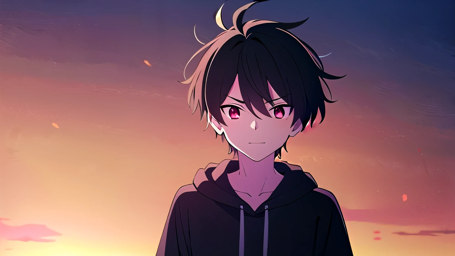  skinny, solo, 1boy, man, male A gloomy appearance,innocent smile,very short hair, short cut hair, black hair, red eyes,messy hair, bangs, messy bangs, cowlick, black hoodie, upper body, theme dark, sunset background,
