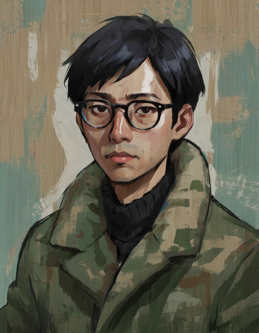 Camouflage, portrait, Masculinization, abstract，Man in coat, Black short hair, Asian，young people，wear glasses, Rough brushstrokes, Soothing Tones, Calming colors