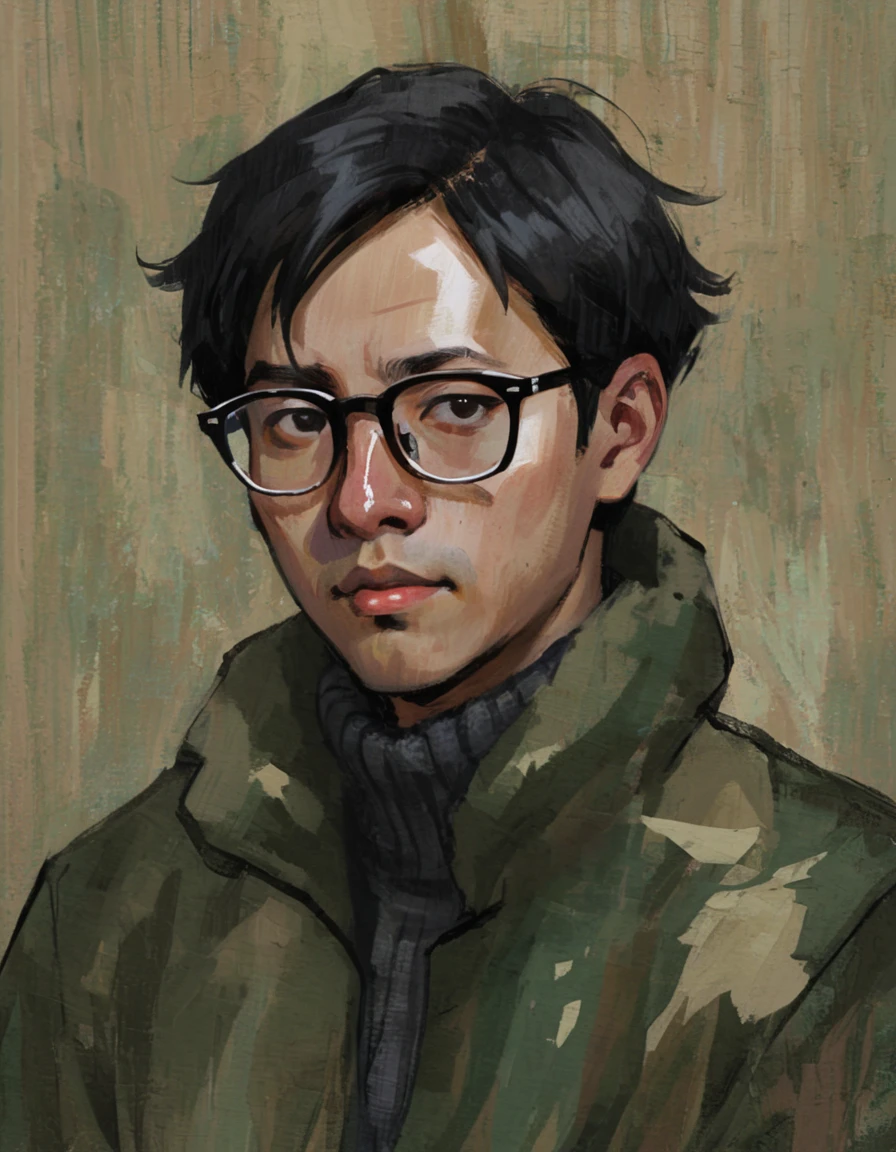 Camouflage, portrait, Masculinization, abstract，Man in coat, Black short hair, Asian，young people，wear glasses, Rough brushstrokes, Soothing Tones, Calming colors