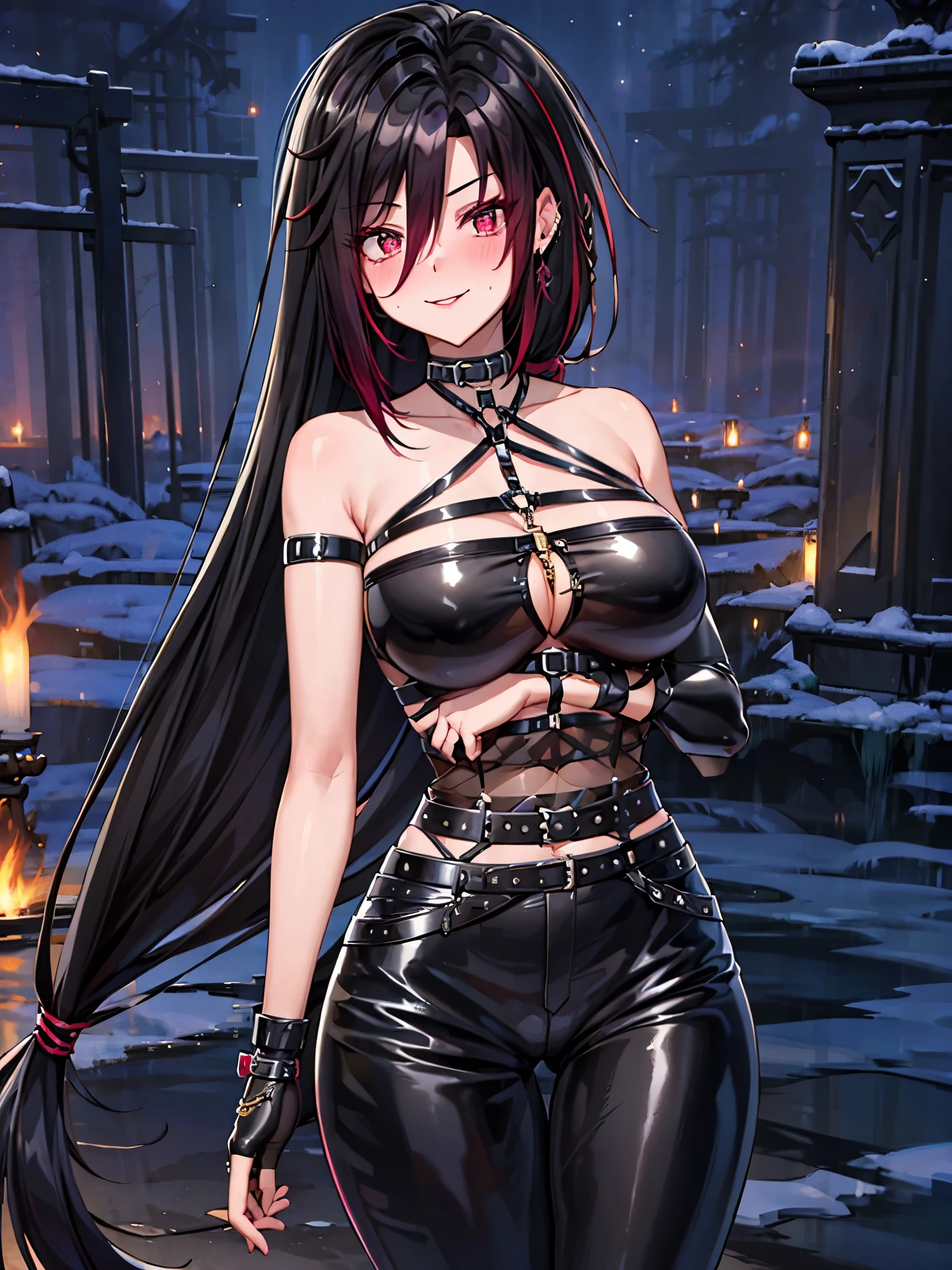 mature woman, 1 girl, (masterpiece, best quality, very detailed), sharp focus, detailed face, face focus, focus on face, very detailed eyes, long black cyclamen hair, (cyclamen highlights: 1,3), braid, side bottom braid, cyclamen red eyes, (sparkling eyes: 1,2), long eyelashes, (strong blush: 1,2), delicate makeup, ((black leather strappy body-hugging femdom top and pants, straps, bare shoulders, cleavage)), Cross earring, ear piercing, cinematic lighting, edge lightning, shading, dynamic angle, sharp image, perfect quality, evil smiling, walking in a graveyard, bats, horror theme, scary, vampire, horror background, perfectly crafted background. warm summer evening, bloody background,