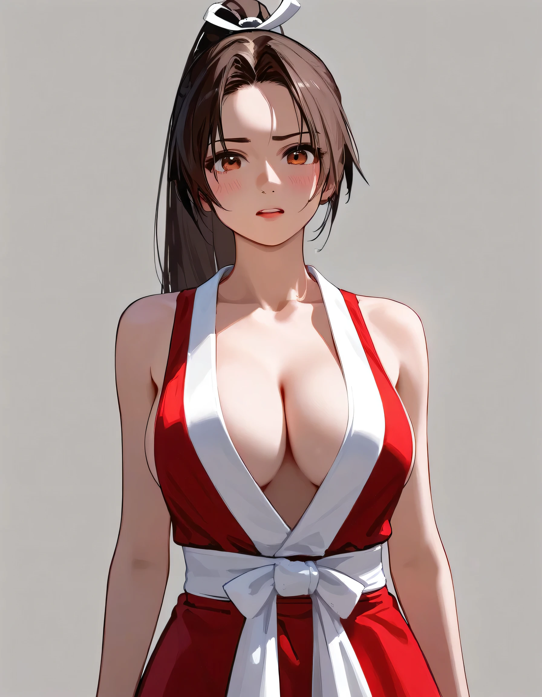 Digital illustration featuring a female mai shiranui character with a confident and playful expression. She has fair skin, big tits, long brown hair tied in a high ponytail with a white ribbon, and is winking with a slight blush on her cheeks. The character is dressed in a revealing red and white outfit with a plunging neckline, showcasing her ample cleavage. She is holding a fan in her right hand and has a large, round object attached to her back. The background is a solid light pink color, and there is a small text 'GUDC' in white, stylized font near her head. anime, anatomically correct, super detailed, high quality, 4K, high details, super detailed, 4k