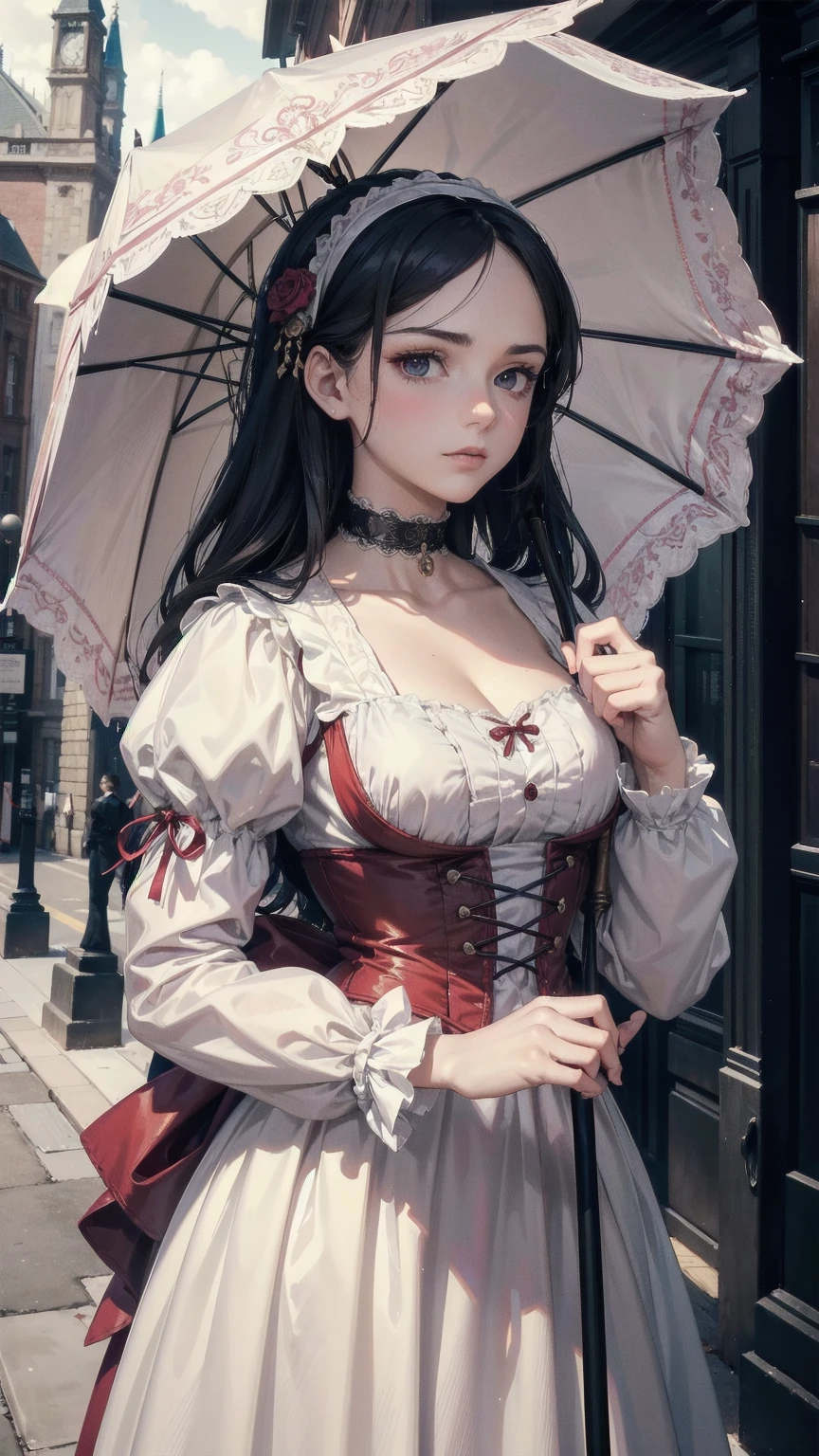 masterpiece, Superior image quality, High resolution, 4k image,photo and gross, photorealistic, whole body, looking at the viewer, 1 young man of 15 years, medium breasts, beautiful face, long black hair, black eyes, very detailed eyes, pink cheeks, serious expression, choker:1.6, dressed in victorian style, holding an umbrella, standing in front of a building, victorian style costume, wearing an old white dress with red and, Victorian inspired clothing, wearing clothes from the 10s era, wearing victorian clothing, victorian lady, in victorian aristocrat, victorian gothic, in victorian clothing