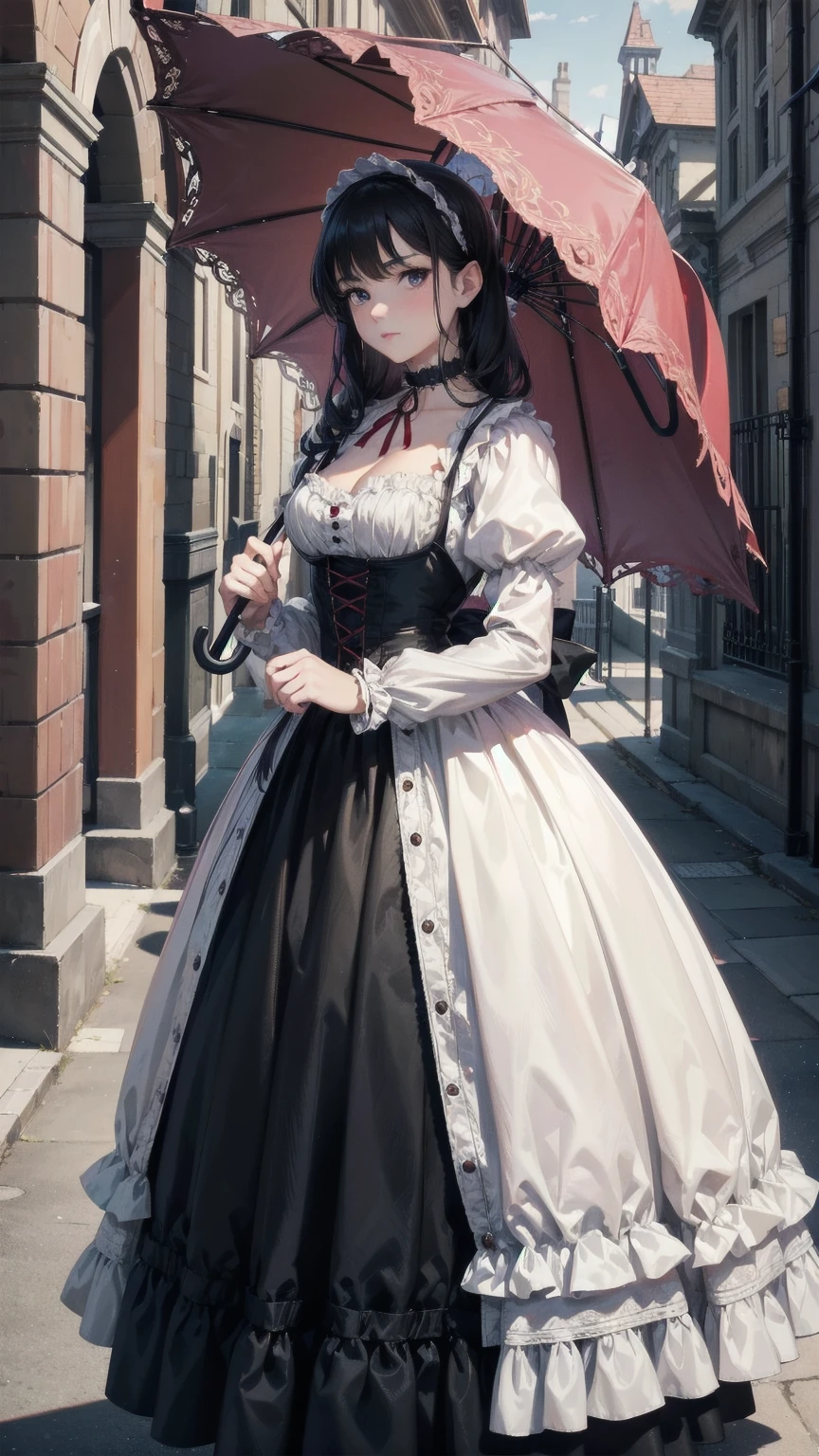 masterpiece, Superior image quality, High resolution, 4k image,photo and gross, photorealistic, whole body, looking at the viewer, 1 young man of 15 years, medium breasts, beautiful face, long black hair, black eyes, very detailed eyes, pink cheeks, serious expression, choker:1.6, dressed in victorian style, holding an umbrella, standing in front of a building, victorian style costume, wearing an old white dress with red and, Victorian inspired clothing, wearing clothes from the 10s era, wearing victorian clothing, victorian lady, in victorian aristocrat, victorian gothic, in victorian clothing
