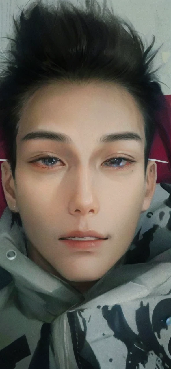 Describe the striking facial features of a Korean boy in clear HD graphics., with his piercing amber eyes and chiseled jawline, dressed in stylish clothes, modern outfit, highlighting his lean physique. its short, dark hair styled in a modern style, giving him an air of confidence and charm, when he stands against the backdrop of a bright cityscape.