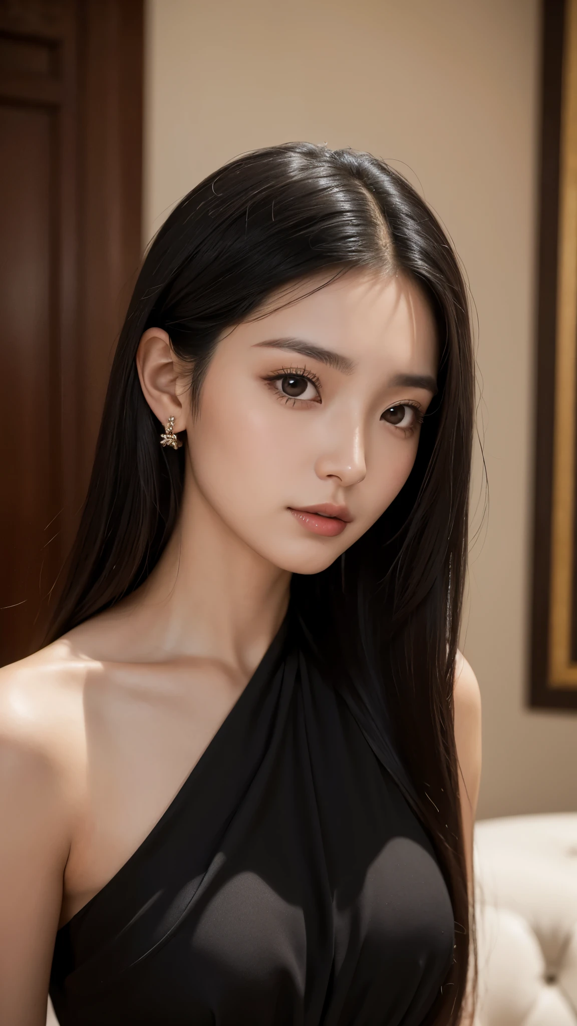 Beautiful black-haired Latina girl with brown eyes and shoulder-length hair wearing a black dress photo session inside a luxury house close-up of her face