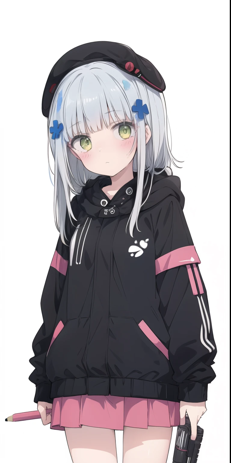 (1 girl),(Solo exhibitions),masterpiece,Best quality,Simple background,White background,Crayons are cool,HK416 Module 3 \(Women's Front),Poker face,stand up,(White hair),长White hair,Hair accessories,White gloves,Teenage Girl,black,Exquisite facial features,Clear eyes,Stunning graphics,Neck tie