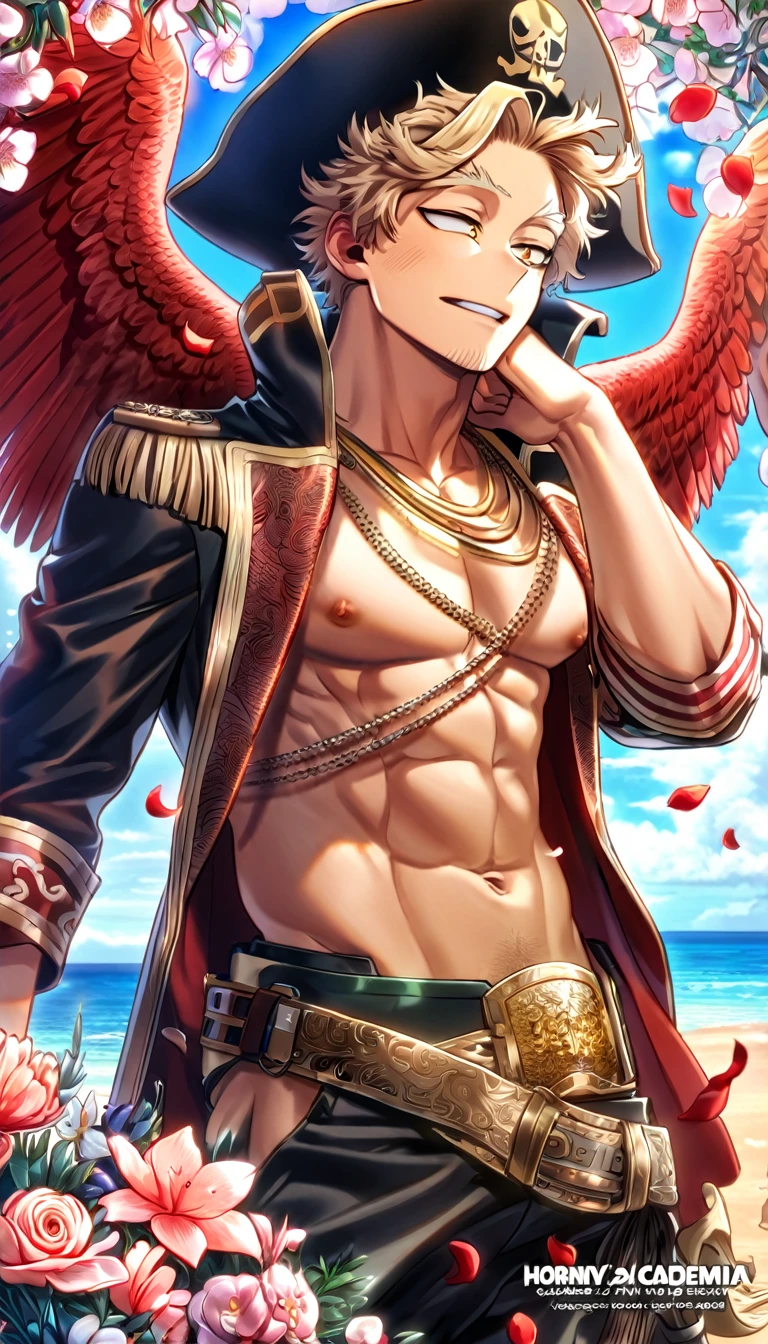 absurdres, highres, ultra detailed, HDR, master piece, best quality, Hawks, ash-blonde hair, expressive golden brown eyes, faint stubble, red wings, Boku No Hero Academia, solo, sexy man, handsome, horny, lewd, black hat, fantasy black pirate clothes, accessories, showing the chest, beach, sea, petals, flowers