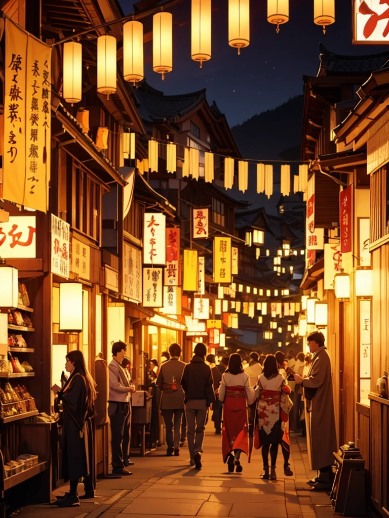 (wide shot) A central square, medieval Japanese city, buildings in traditional Japanese style, lanterns lighting the night, people celebrating