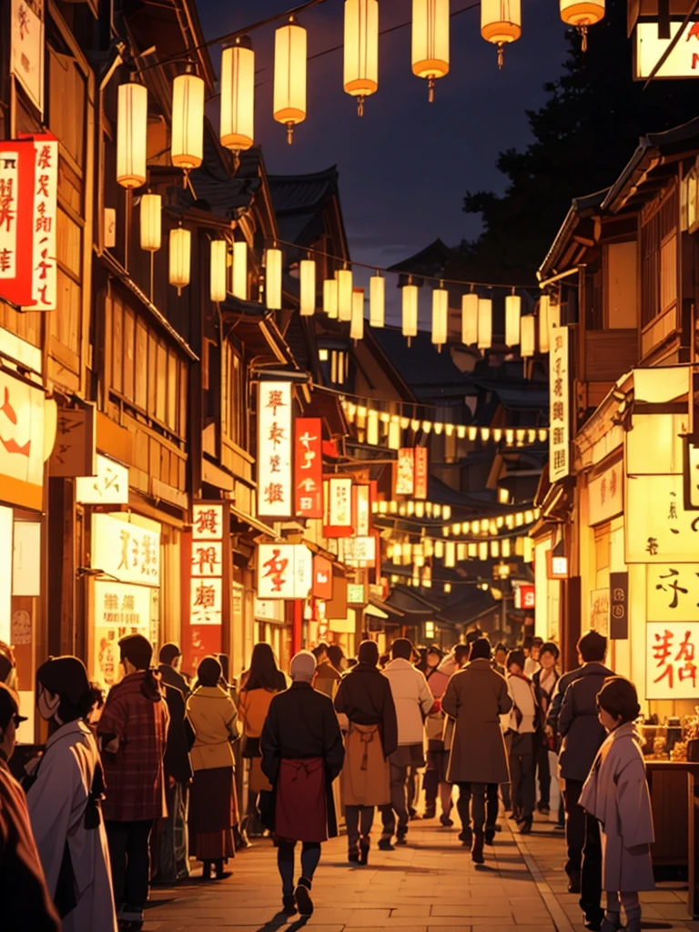 (wide shot) A central square, medieval Japanese city, buildings in traditional Japanese style, lanterns lighting the night, people celebrating