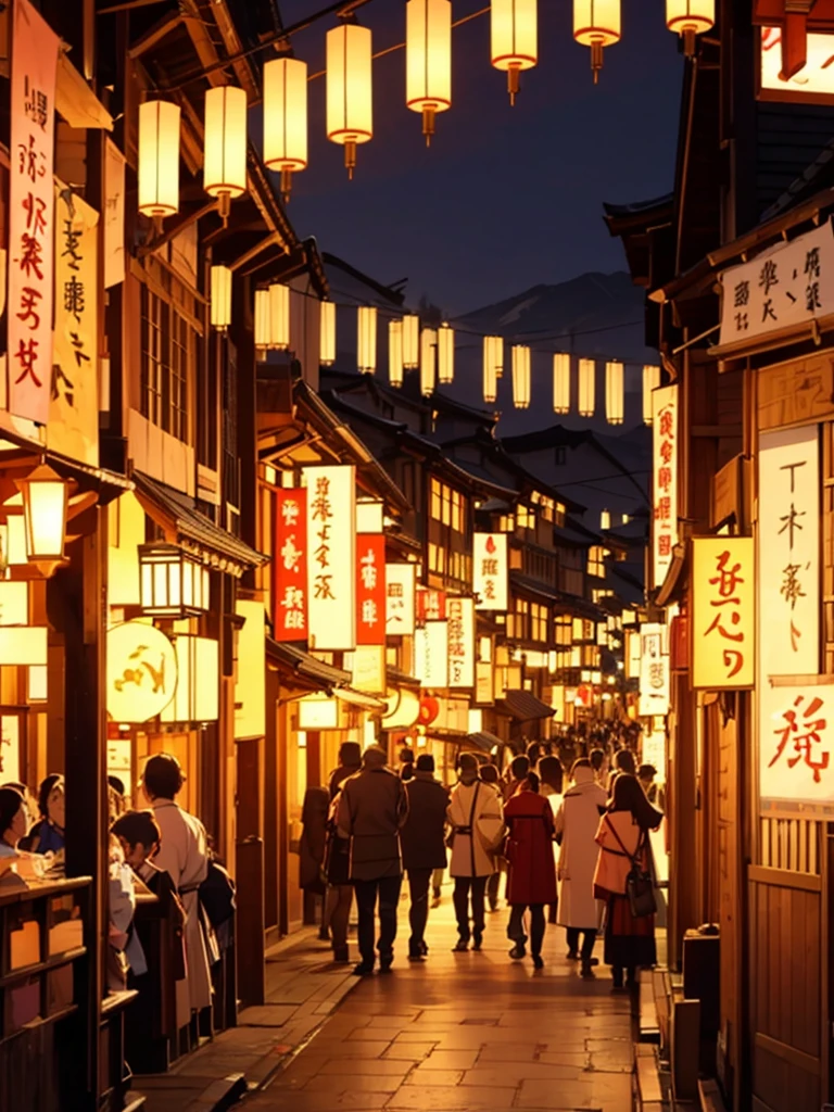 (wide shot) A central square, medieval Japanese city, buildings in traditional Japanese style, lanterns lighting the night, people celebrating