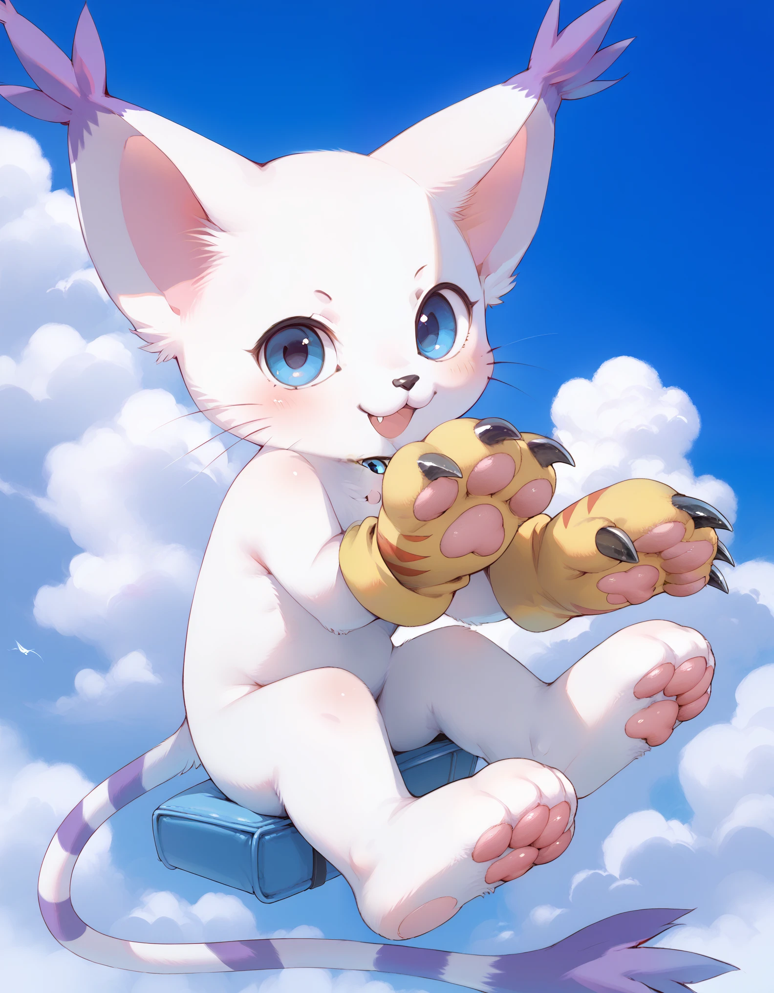 gatomon, feral, (digimon), solo, looking at viewer, blue eyes, white fur, striped tail, gloves, paw gloves, pawpads,,