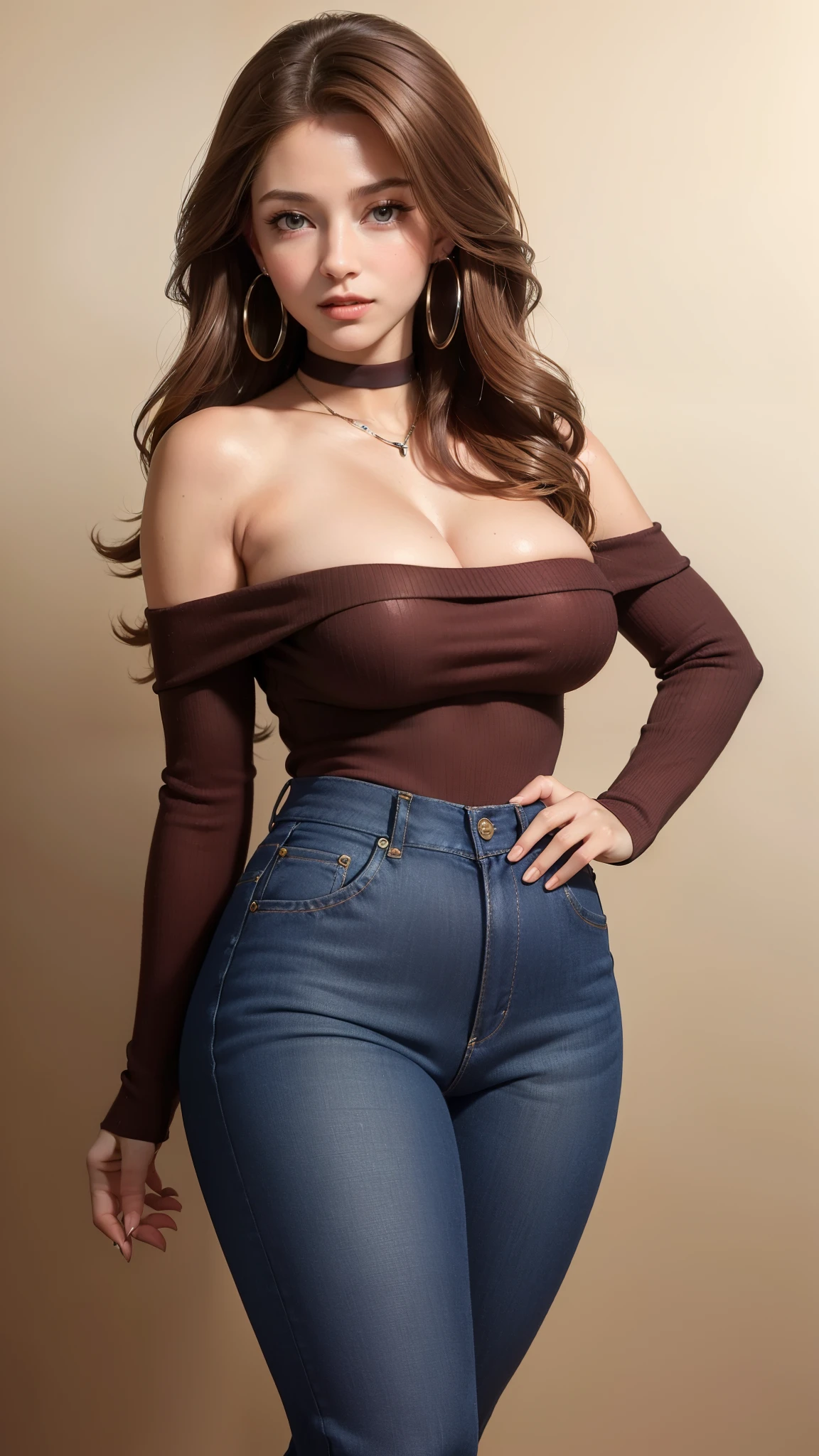 ((masterpiece, best quality, ultra-detailed, ultra-HD, photorealistic, cinematic)), ((alluring female model)), perfect body, voluptuous body, perfect anatomy, perfect face, perfect hands, large cleavage, round ass, long round legs, (elegantly tousled, shoulder-length waves with a side part, framing her face effortlessly), (captivating blend of rich chestnut brown hair with subtle caramel highlights), (gradient background:1.4), (medium shot:1.5), (adorned in a chic, off-the-shoulder burgundy sweater), (wearing fitted jeans boast a deep indigo hue:1.3), (stylish ankle boots featuring a subtle heel), (wearing silver hoop earrings and a delicate bracelet), (standing, sensual pose)