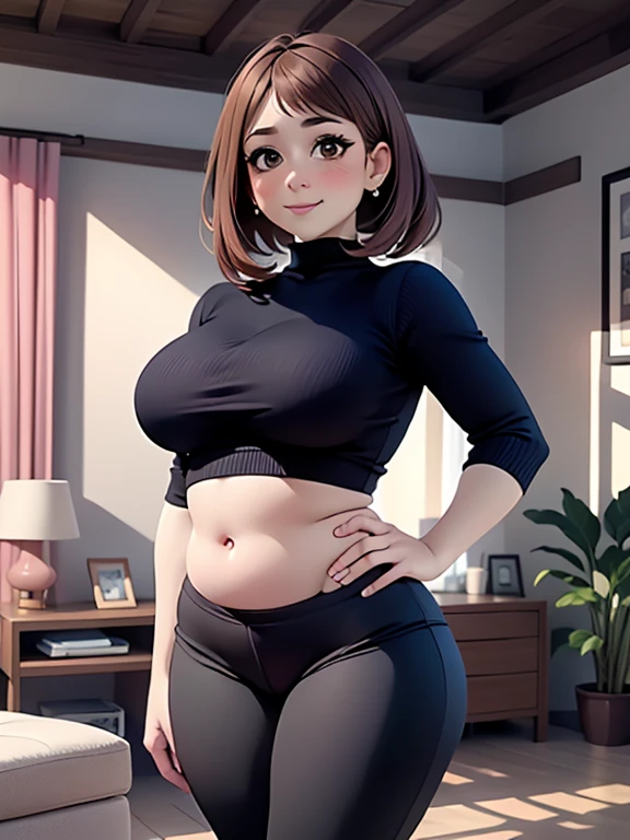 high quality, best quality, beautiful, perfect lighting, detailed face, mature face, ((1girl)), ((solo)), Imagine Ochaco Uraraka as an milf, 45 years old, short brown hair, brown eyes, ((blush)), smile, looking at viewer, black leggings, turtleneck sweater, ((medium breasts), wide hips, thick thighs, plump figure, love handles, muffin-top, round belly, protruding gut, living room, hands on hips,
