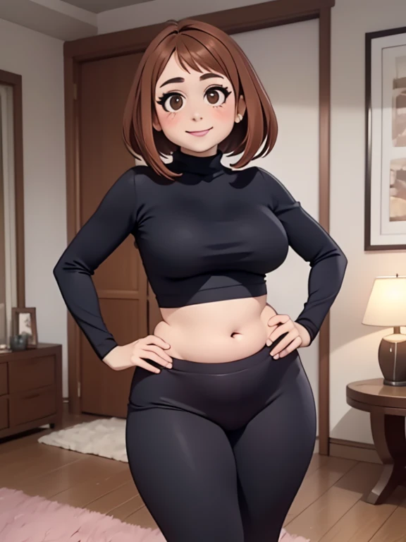 high quality, best quality, beautiful, perfect lighting, detailed face, mature face, ((1girl)), ((solo)), Imagine Ochaco Uraraka as an milf, 45 years old, short brown hair, brown eyes, ((blush)), smile, looking at viewer, black leggings, turtleneck sweater, ((medium breasts), wide hips, thick thighs, plump figure, love handles, muffin-top, round belly, protruding gut, living room, hands on hips,
