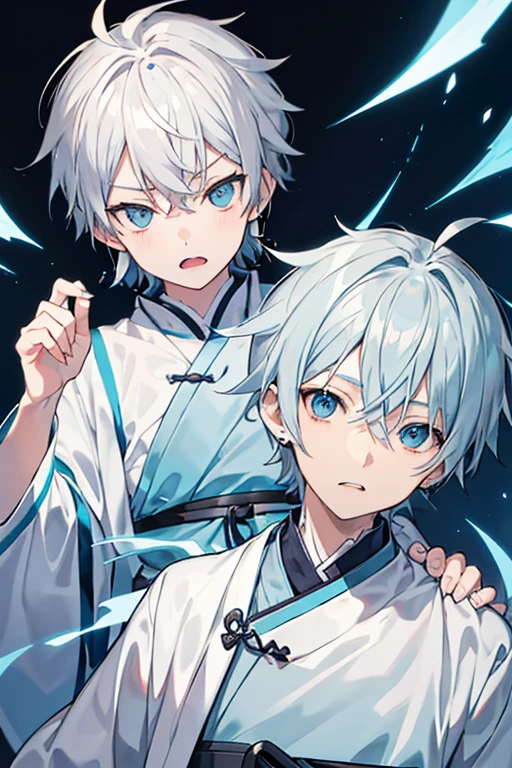 Light blue eyes solo, Open your mouth, Gray Hair, Ahoge, Wolf Cut, Light blue earrings, Double teeth Illustration, anime, anime風, Chinese clothing One boy Confused eyes Close your mouth Upper teeth, The fangs are sharp, Take a closer look, cool