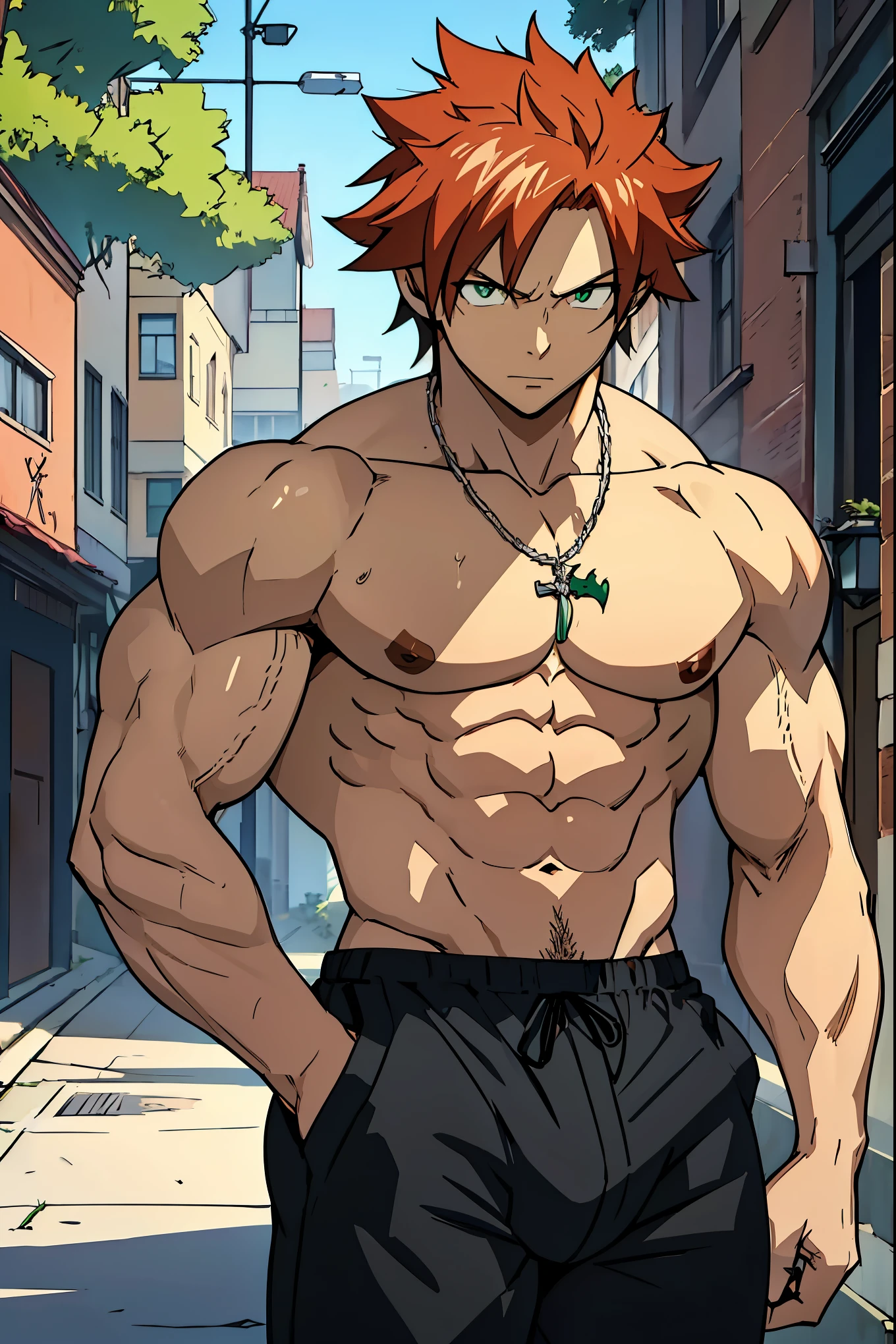 ((arte estilo anime)), (the highest image quality), (detailed strokes), Looking at the Viewer, facing the viewer , showing the whole body, ,  He is a , very white skin, He has slightly disheveled ginger hair ,  light green eyes, , muscular body , anime art style Fairy Tail , sexy face, showing off his muscular body, he is only wearing black pants, big bulge, without any other item of clothing, shirtless, is shirtless showing his abdominal muscles and his swollen chest ,  , 8k, high quality, masterpiece, , cinematic, vivid colors, shining green eyes 