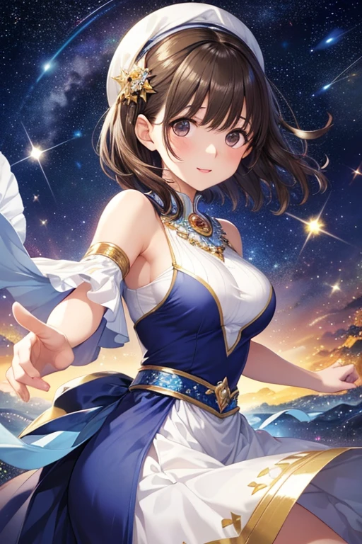 anegasaki nene、Shiny brown hair, short hair, (Beautiful brown eyes、Sparkling eyes, Fine grain)、smile、Ultra-detailed eyes、Very detailedな顔, Very detailedな目,


(masterpiece、Highest quality、Highest quality、Official Art、Beautiful and beautiful:1.2)、
Highest quality, Highest quality, 16K, software, Unbelievably absurd, Very detailed, delicate and dynamic, Natural light, The particles reflect the colors of the rainbow, Diffuse reflection of light, Vortex of Light, There are many sandstorms, Beautiful desert, Colorful starry sky, Beautiful starry sky, milky way, shooting star, Moonlit Night, , Oasis City, Blue Palace, Blue tile wall, Create amazing image effects, Upper body close-up, (Cute sexy girl, My chest is shaking, Sensual expression, Passionate, Hilarious, Vibrant, Arab royalty, Arabian Princess, Arabian Long Dress, Gorgeous Dress,, Lavish decoration, Dancing against the backdrop of a starry sky, )
