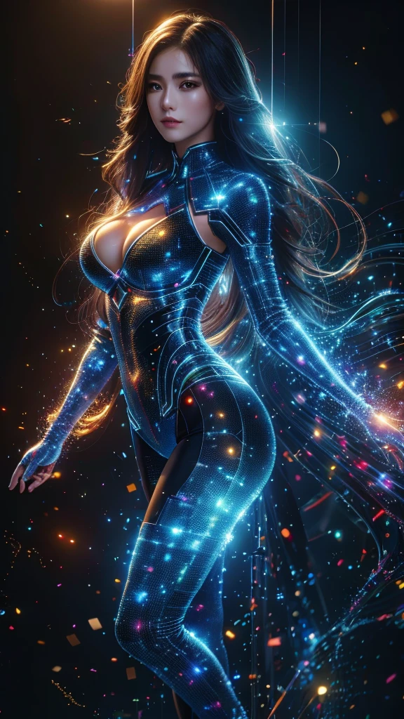 Ultra-Realistic Capture,18k,RAW Photos,Highest quality,masterpiece,reality,Very detailed,Very beautiful woman,Detailed face,Glowing Skin,Rainbow,Automata,cyber punk,18-year-old ,Model body type,slim,So many LEDs,Clothes made of light particles,Mechanical Body Transparent,Very detailedな電子機器,Connection line,Rainbow colors,Very long hair,Black background,whole body,Large Breasts,Acrobatic poses,Raise the middle finger,neon,Long limbs,