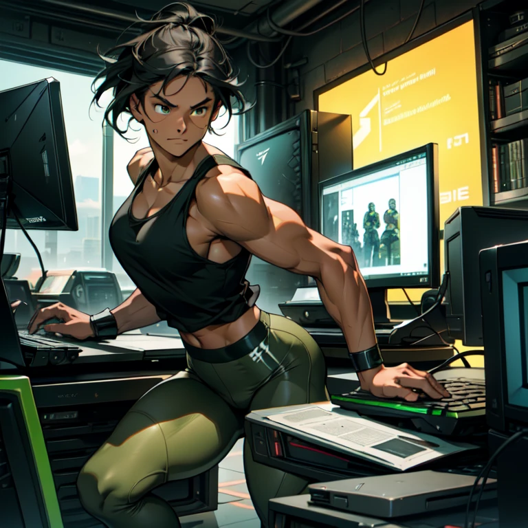 assign in this scenario (Young woman 20 years old, 1,70 m with 65 kg, athletic body fitness with combat training), fair brown-skinned, eyes browns, robust and defined bone structure with well-developed muscles in the legs and back, ((((facial expression of focus and concentration)))), (((short black hair, Smooth and thick))), ((wearing combat uniform with green tights and black tank top)), (((Operating the computer))),