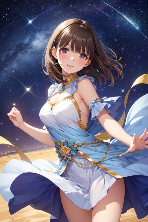 anegasaki nene、Shiny brown hair, short hair, (Beautiful brown eyes、Sparkling eyes, Fine grain)、smile、Ultra-detailed eyes、Very detailedな顔, Very detailedな目,


(masterpiece、Highest quality、Highest quality、Official Art、Beautiful and beautiful:1.2)、
Highest quality, Highest quality, 16K, software, Unbelievably absurd, Very detailed, delicate and dynamic, Natural light, The particles reflect the colors of the rainbow, Diffuse reflection of light, Vortex of Light, There are many sandstorms, Beautiful desert, Colorful starry sky, Beautiful starry sky, milky way, shooting star, Moonlit Night, , Oasis City, Blue Palace, Blue tile wall, Create amazing image effects, Upper body close-up, (Cute sexy girl, My chest is shaking, Sensual expression, Passionate, Hilarious, Vibrant, Arab royalty, Arabian Princess, Arabian Long Dress, Gorgeous Dress,, Lavish decoration, Dancing against the backdrop of a starry sky, )