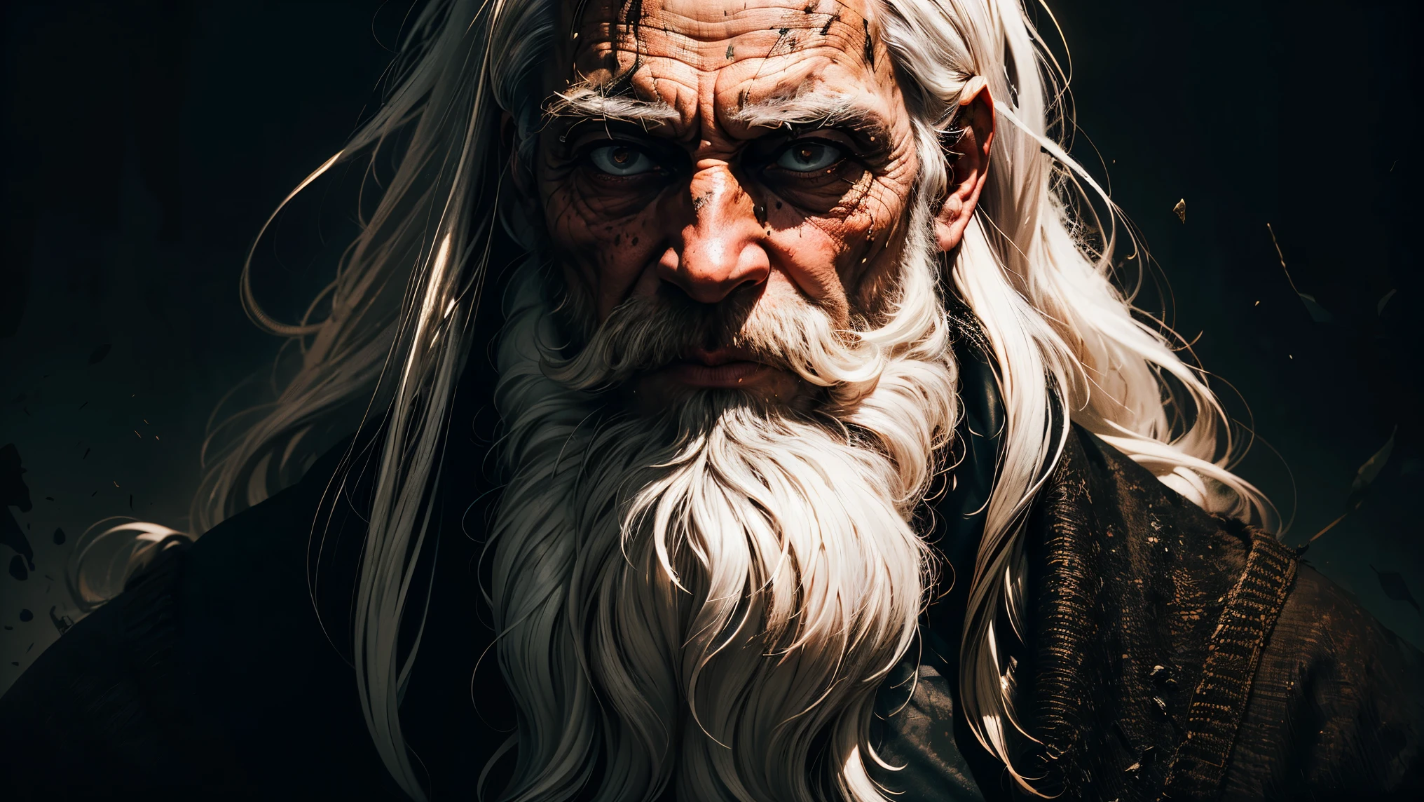 Vivid, high-contrast horror portrait of a old man, (((Long white hair))), (((long beard))), european old man, careless, poor, dirty, under a dramatic, gritty lighting