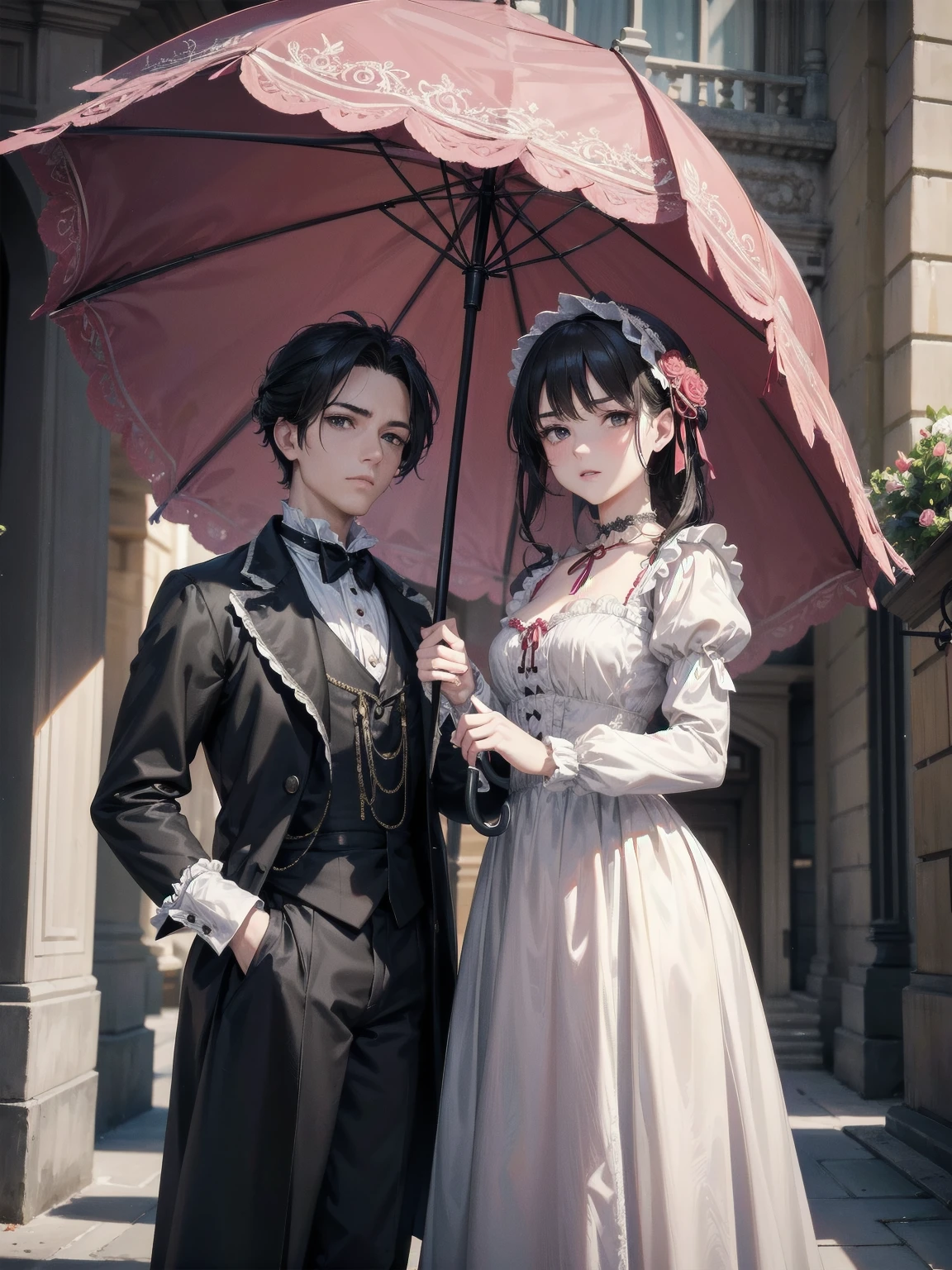 masterpiece, Superior image quality, High resolution, 4k image,photo and gross, photorealistic, whole body, looking at the viewer, 1 young man of , medium breasts, beautiful face, long black hair, black eyes, very detailed eyes, pink cheeks, serious expression, choker:1.6, dressed in victorian style, holding an umbrella, standing in front of a building, victorian style costume, wearing an old white dress with red and, Victorian inspired clothing, wearing clothes from the 10s era, wearing victorian clothing, victorian lady, in victorian aristocrat, victorian gothic, in victorian clothing