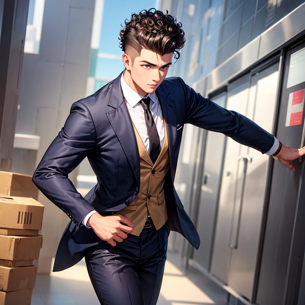 A Young business man with curly hair shaved on the sides