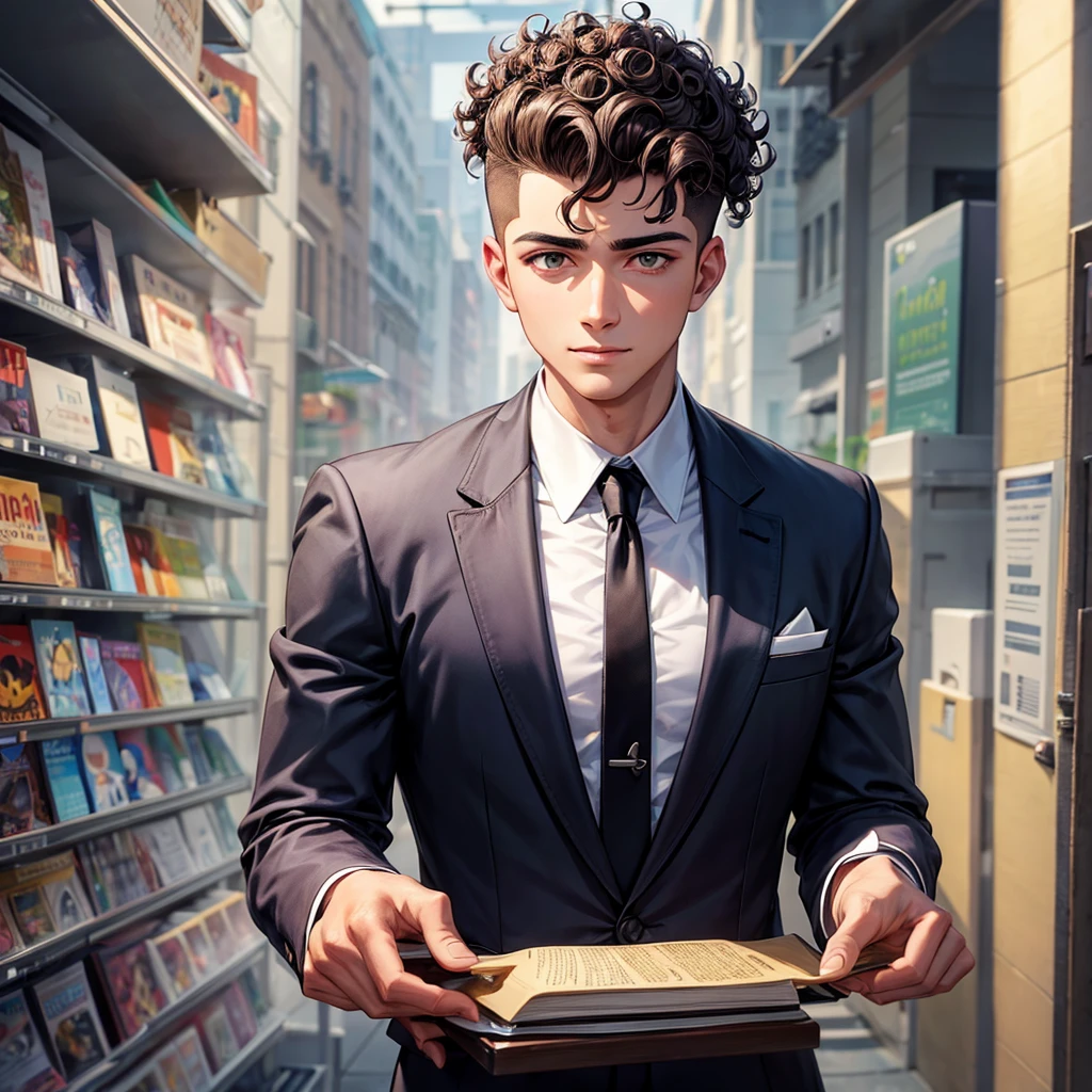 A Young business man with curly hair shaved on the sides