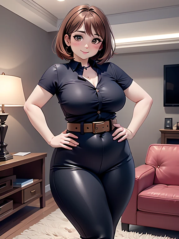 high quality, best quality, beautiful, perfect lighting, detailed face, mature face, ((1girl)), ((solo)), Imagine Ochaco Uraraka as an adult, 45 years old, MILF, plus sized milf, short brown hair, brown eyes, ((blush)), smile, looking at viewer, black leather pants, dark blue shirt, white belt, white heels, ((medium breasts)), wide hips, thick thighs, chubby, love handles, muffin-top, round belly, protruding gut, living room, hands on hips,
