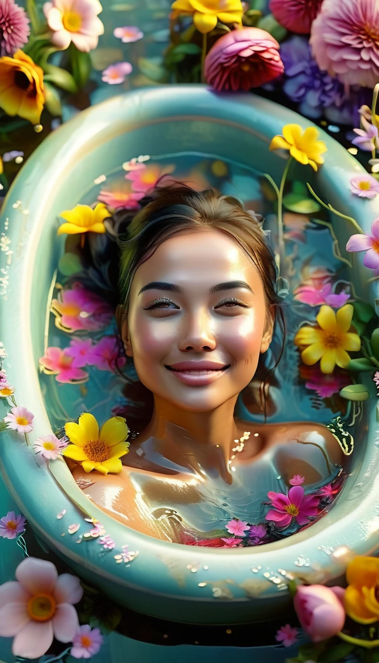 Image: a girl lying in a bathtub in flowers. She is relaxed, with a slight smile on her face. The water in the bathtub is clear, and the flowers are a variety of bright colors floating around her body. The interior of the bathtub is stylish and cozy, with soft lighting and decorative elements.