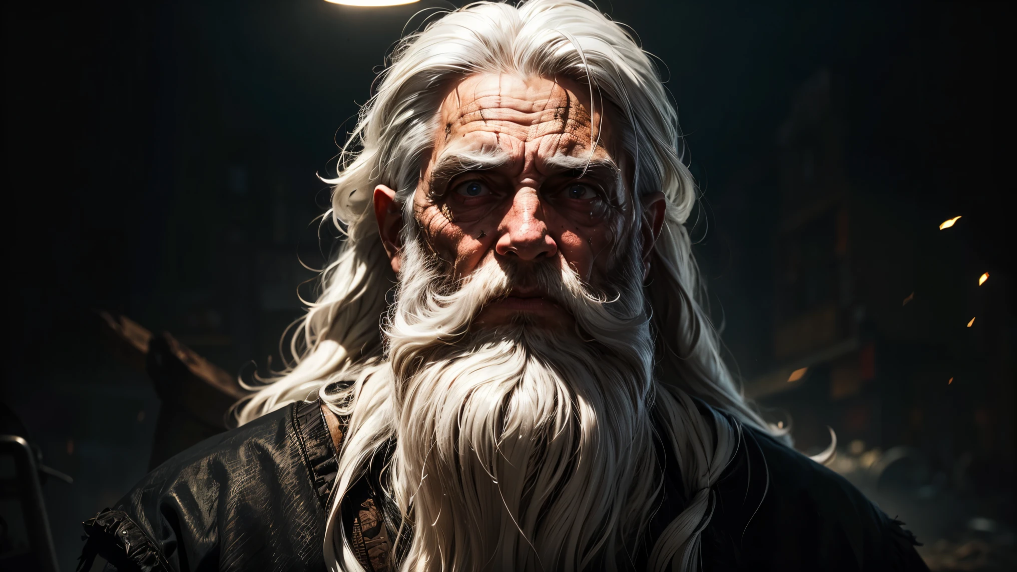 Vivid, high-contrast horror portrait of a old man, (((Long white hair))), (((long beard))), european old man, careless, poor, dirty, under a dramatic, gritty lighting