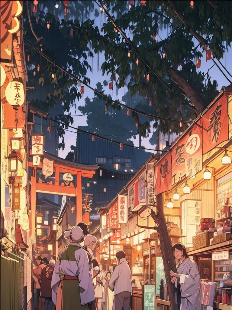(wide shot) A central square, medieval Japanese city, buildings in traditional Japanese style, lanterns lighting the night, people celebrating