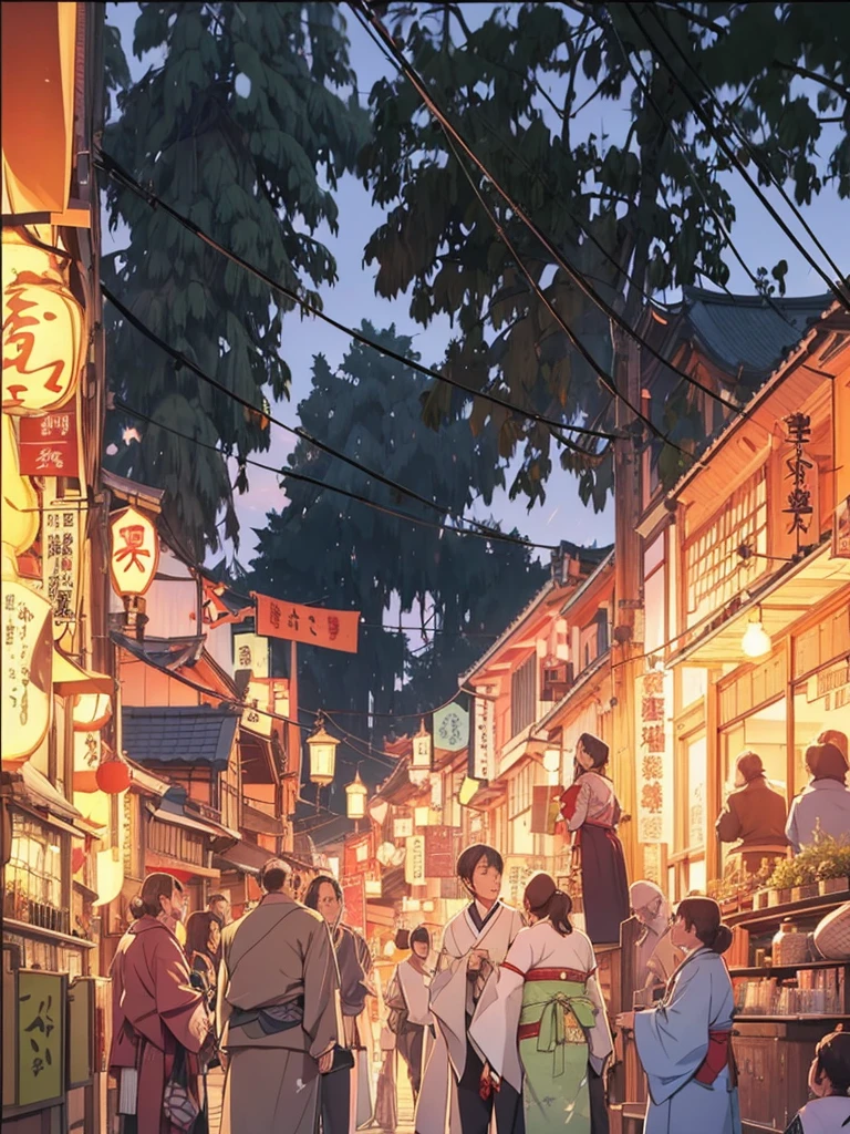 (wide shot) A central square, medieval Japanese city, buildings in traditional Japanese style, lanterns lighting the night, people celebrating