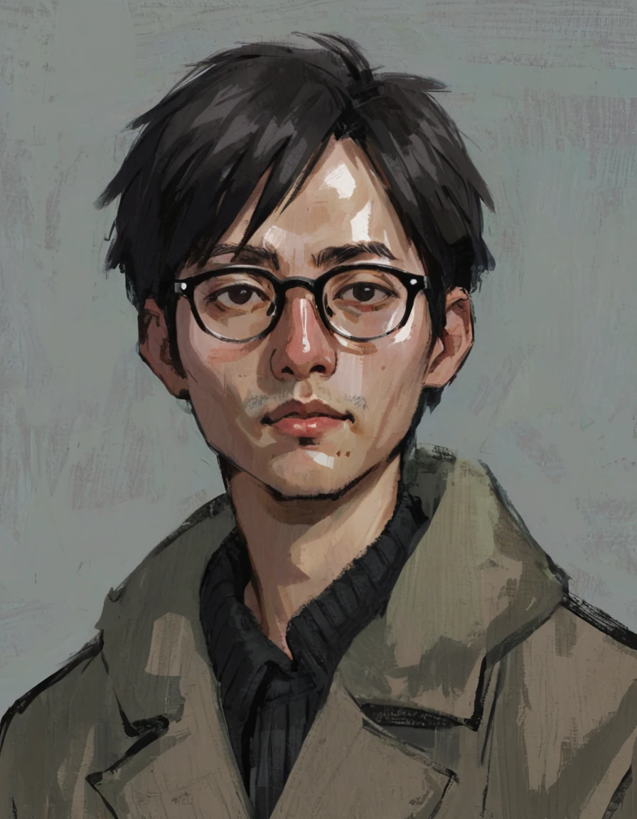 Gray background, portrait, Masculinization, abstract，Man in coat, Black short hair, Asian，young people，wear glasses, Rough brushstrokes, Soothing Tones, Calming colors