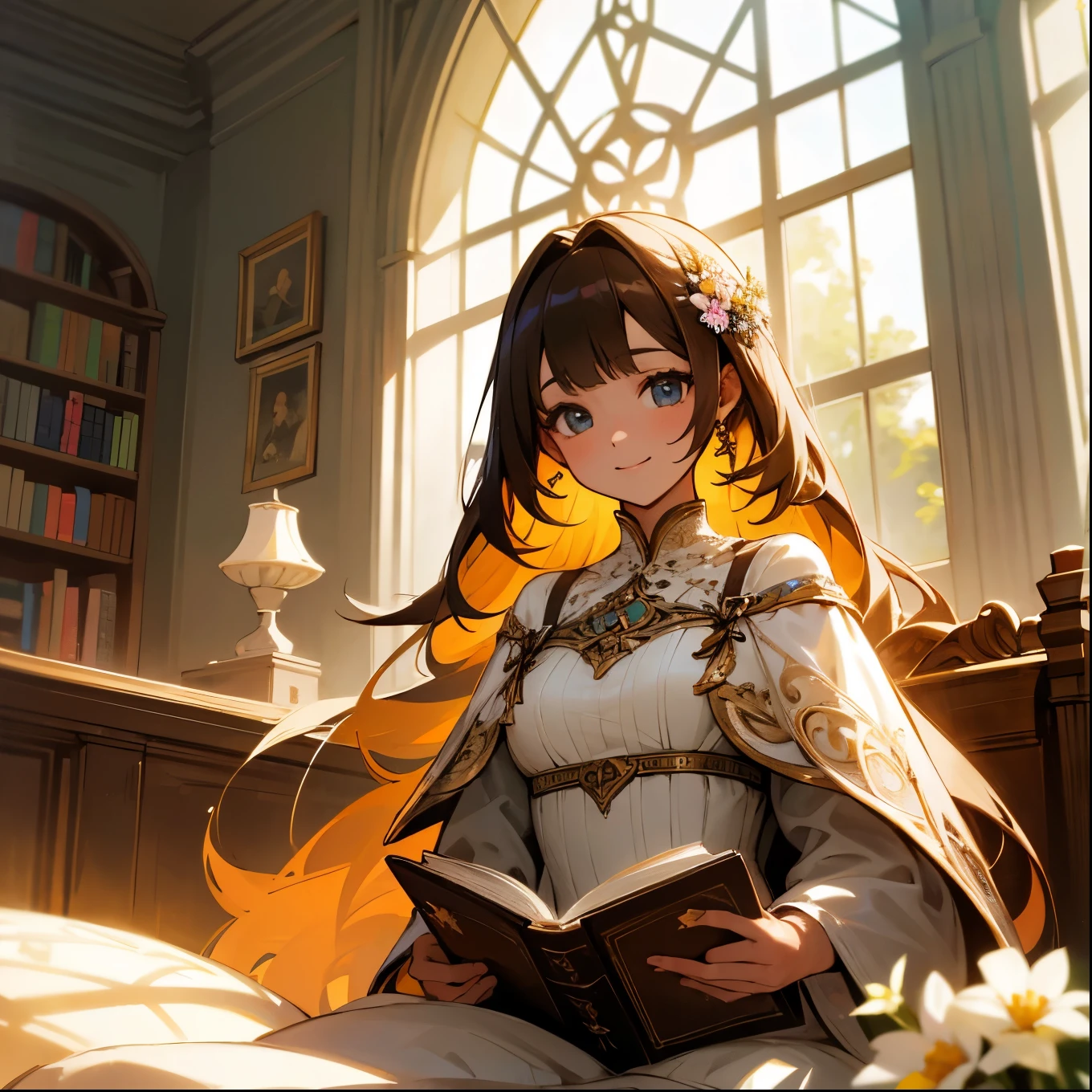 An beautiful girl wearing a dress which is designed with flowers having coffee looking very cheerful wearing a bright smile on her face sitting in a very big aesthetic library reading a book. Masterpiece, 4k, intricate details, long hairs, eye detail, reflection of light from the window