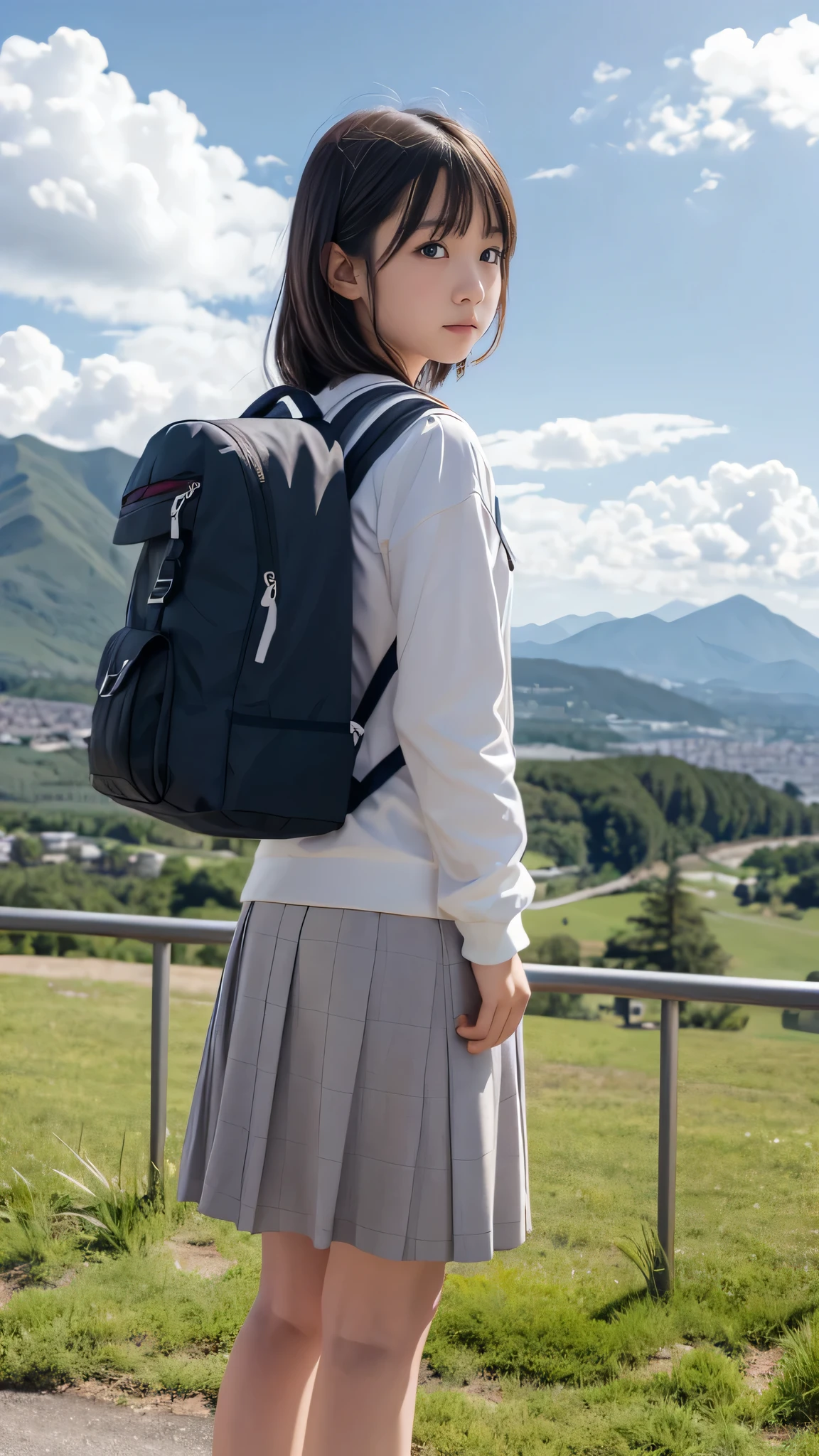 landscape, Anime Style, countryside, Mountains and clouds are visible in the background. A very cute 16-year-old elementary school student
