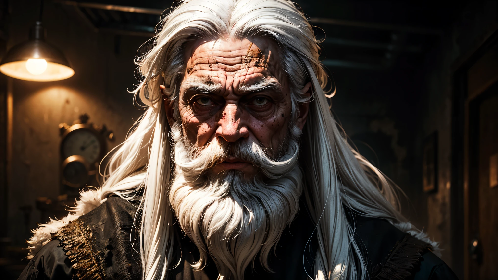Vivid, high-contrast horror portrait of a old man, (((Long white hair))), (((long beard))), european old man, careless, poor, dirty, under a dramatic, gritty lighting