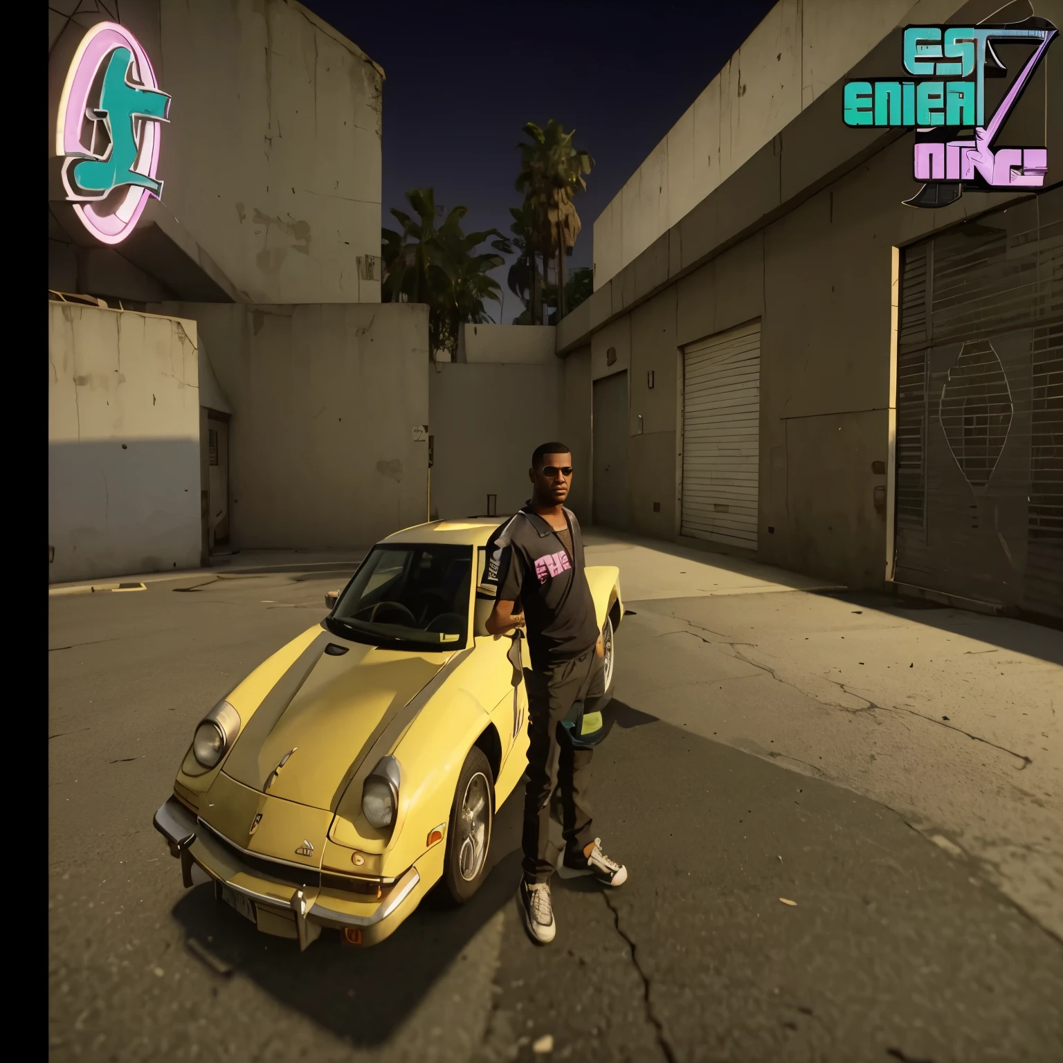 a close up of a person standing in front of a car, gta vice city style, in gta vice city, gta vice city remastered, vice city, gta vice city style art, gta vice city art style, ps 2 screenshot, gta, grand theft auto video game, hd remaster, gta character, gta artstyle, gta 6, gta style, gta art