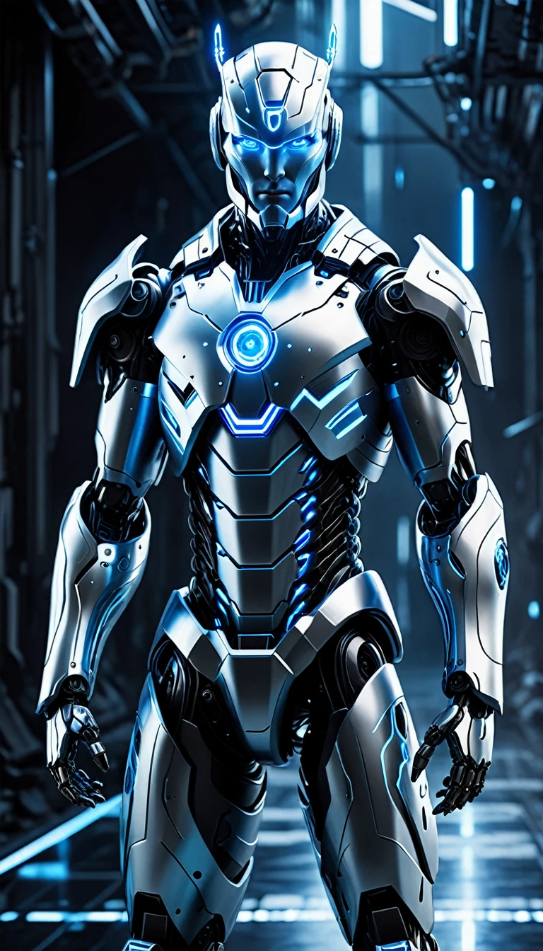 Create a full-body, advanced AI warrior avatar with a futuristic, high-tech appearance. The character should exude a powerful and commanding presence, blending elements of a humanoid robot and a mythical guardian. The armor should be sleek and intricate, seamlessly integrating advanced technology. The color scheme should include shades of blue, white, and silver, with glowing accents to emphasize the character's energy and power. The character should have piercing blue eyes and a radiant blue aura, symbolizing its immense energy-based powers. Incorporate elements of ice and electricity into the design, making the character appear as if it’s emanating frost and electric currents. Ensure the character is visible from head to toe, standing confidently in a dramatic, high-tech environment. The backdrop should feature a "fusion" theme with elements of both ice and advanced technology, suggesting a sense of cold danger and protection, with icy mist and electrical currents merging seamlessly.