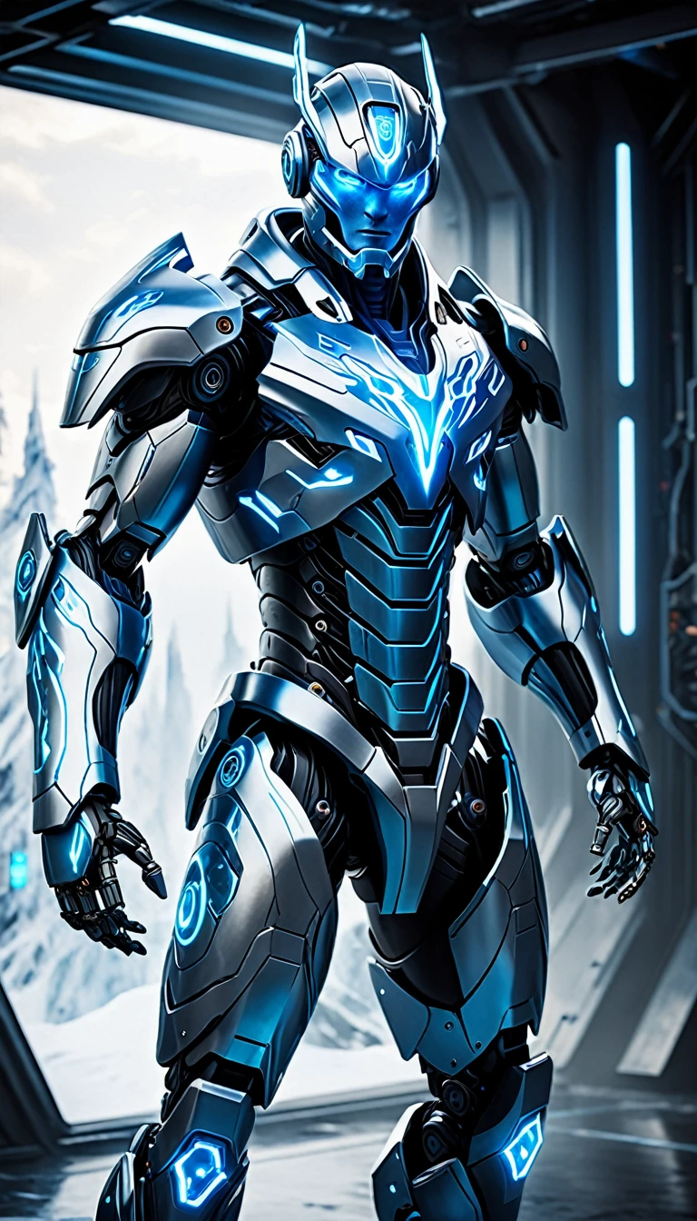 Create a full-body, advanced AI warrior avatar with a futuristic, high-tech appearance. The character should exude a powerful and commanding presence, blending elements of a humanoid robot and a mythical guardian. The armor should be sleek and intricate, seamlessly integrating advanced technology. The color scheme should include shades of blue, white, and silver, with glowing accents to emphasize the character's energy and power. The character should have piercing blue eyes and a radiant blue aura, symbolizing its immense energy-based powers. Incorporate elements of ice and electricity into the design, making the character appear as if it’s emanating frost and electric currents. Ensure the character is visible from head to toe, standing confidently in a dramatic, high-tech environment. The backdrop should feature a "fusion" theme with elements of both ice and advanced technology, suggesting a sense of cold danger and protection, with icy mist and electrical currents merging seamlessly.