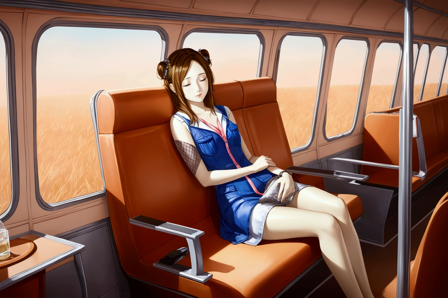 realistic anime illustration of pretty woman sleeping and sitting on air bus, closed eyes, (1girl, solo, full body), (masterpiece, best quality)