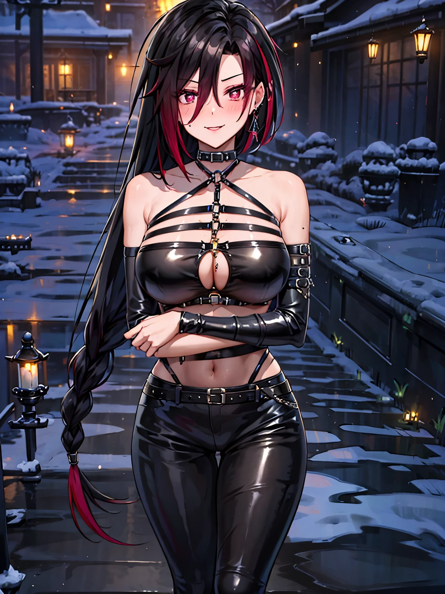 mature woman, 1 girl, (masterpiece, best quality, very detailed), sharp focus, detailed face, face focus, focus on face, very detailed eyes, long black cyclamen hair, (cyclamen highlights: 1,3), braid, side bottom braid, cyclamen red eyes, (sparkling eyes: 1,2), long eyelashes, (strong blush: 1,2), delicate makeup, ((black leather strappy body-hugging femdom top and pants, straps, bare shoulders, cleavage)), Cross earring, ear piercing, cinematic lighting, edge lightning, shading, dynamic angle, sharp image, perfect quality, evil smiling, walking in a graveyard, bats, horror theme, scary, vampire, horror background, perfectly crafted background. warm summer evening, bloody background,