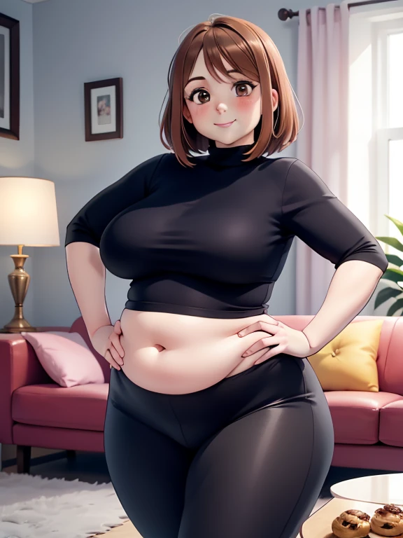 high quality, best quality, beautiful, perfect lighting, detailed face, mature face, ((1girl)), ((solo)), Imagine Ochaco Uraraka as an milf, 45 years old, short brown hair, brown eyes, ((blush)), smile, looking at viewer, black leggings, turtleneck sweater, ((medium breasts), wide hips, thick thighs, plump figure, love handles, muffin-top, round belly, protruding gut, living room, hands on hips,
