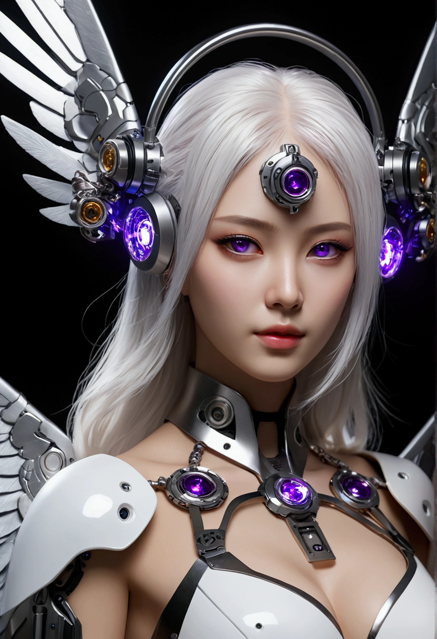 top-quality、​masterpiece、超A high resolution、(Photorealsitic:1.4)、Raw photo、Battle Cyborg Angel、large wings made of metal、White porcelain body、Acrylic Clear Cover、white  hair、glowy skin、1 Cyborg Girl、((super realistic details))、portlate、globalillumination、Shadow、octan render、8K、ultrasharp、character edge light,Colossal tits、Raw skin is exposed in cleavage、Details of complex ornaments、Giger Details、Hydraulic cylinder、Small LED lamp、highly intricate detail、Realistic light、a purple eye、radiant eyes、Facing the camera、neon details、cowboy  shot、Futuristic headgear、About Cyberpunk, (NSFW:1.2)