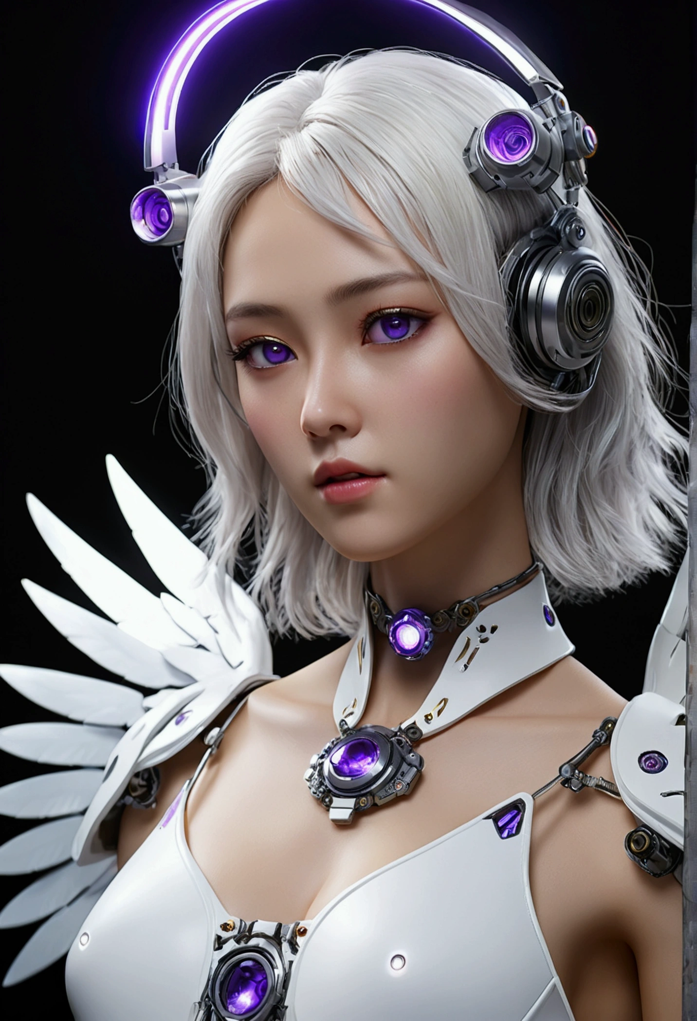 top quality、masterpiece、Ultra-high resolution、(Realism:1.4)、original photo、Robot Angel、large wings made of metal、White porcelain body、white hair、shiny skin、1 robot girl、((Super realistic details))、Portrat、Full-area lighting、shadow、Octane Rendering、8k、Super sharp、Character edge light,huge 、Bare raw skin at cleavage、Intricate jewelry details、Hydraulic cylinder、Highly intricate details、realistic light、Purple Eyes、radiant eyes、face camera、Neon details、Cowboy shooting、futuristic headwear、Cyberpunk details、small LED light、