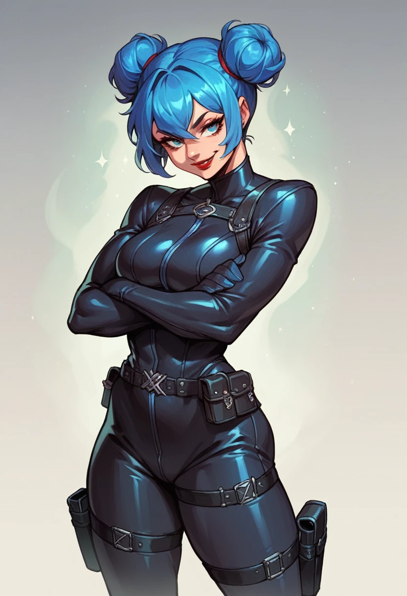 beautyfull woman, blue buns hair, blue hair, black catsuit, holsters, adult, crossed hands, smile, red lipstick