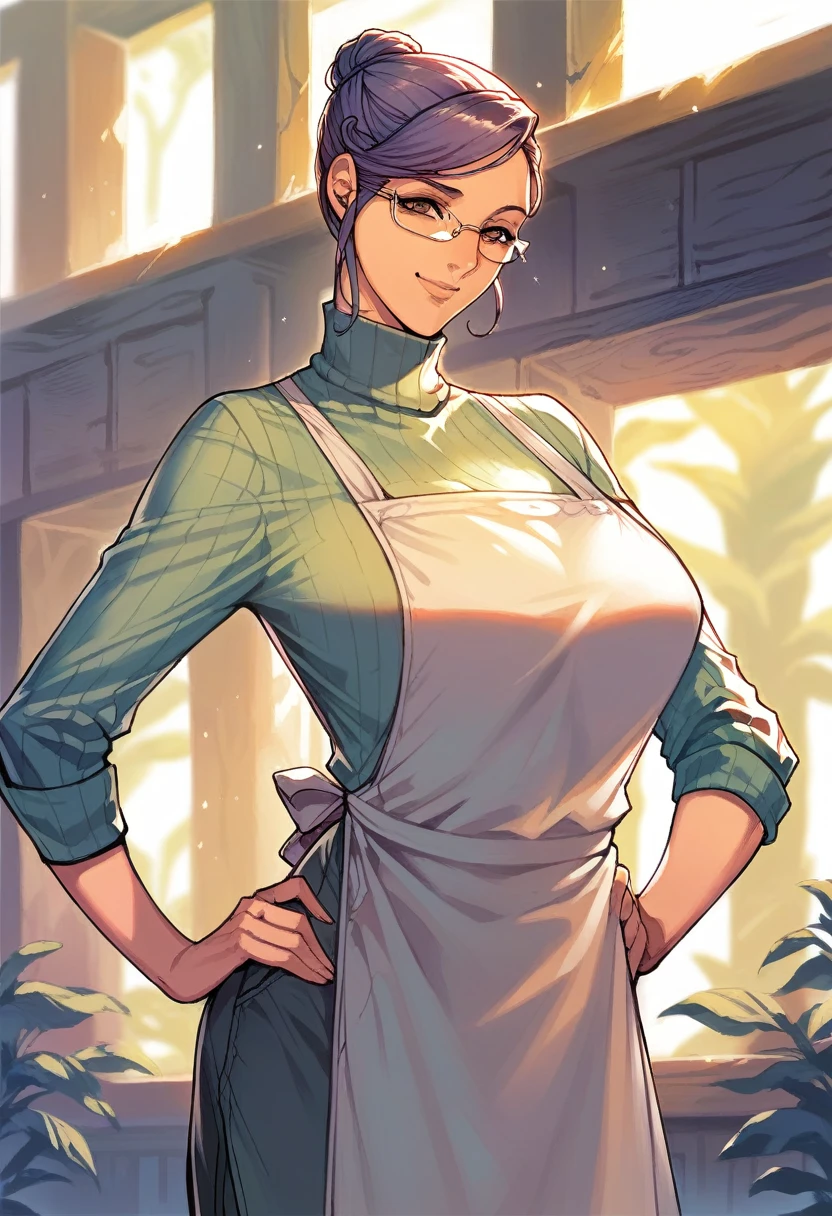 (((Masterpiece))), best quality, cowboy shot, perfect anatomy, realistic face, outdoors, sunny, warm sunlight, backlighting, dramatic lighting, painterly 1girl, hair bun, glasses, turtleneck, solo, apron, three quarter view, hands on own hips, light smile, large breasts, ((milf, mature female)), glasses, smile, side locks, swept bangs, semi-rimless eyewear, thick