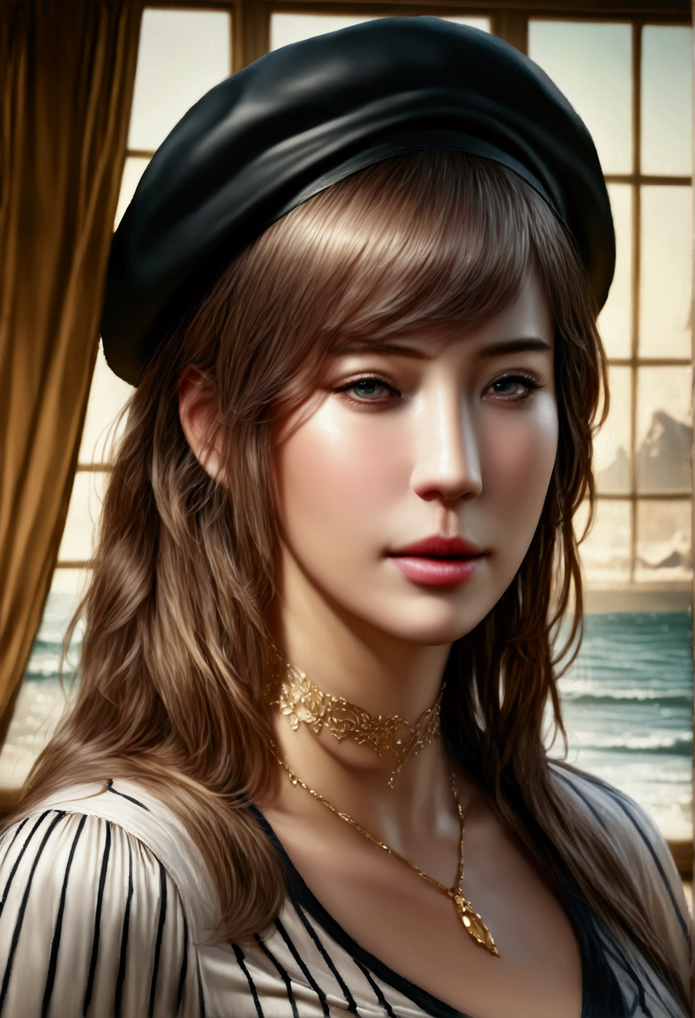 a very beautiful girl, golden necklaces, green eyes, french beret, horizontal black and white striped shirt, pierrot makeup, window overlooking the sea, (best quality,4k,8k,highres,masterpiece:1.2),ultra-detailed,(realistic,photorealistic,photo-realistic:1.37),intricate details,exquisite,elegant,cinematic lighting,warm color tones,award winning,digital painting