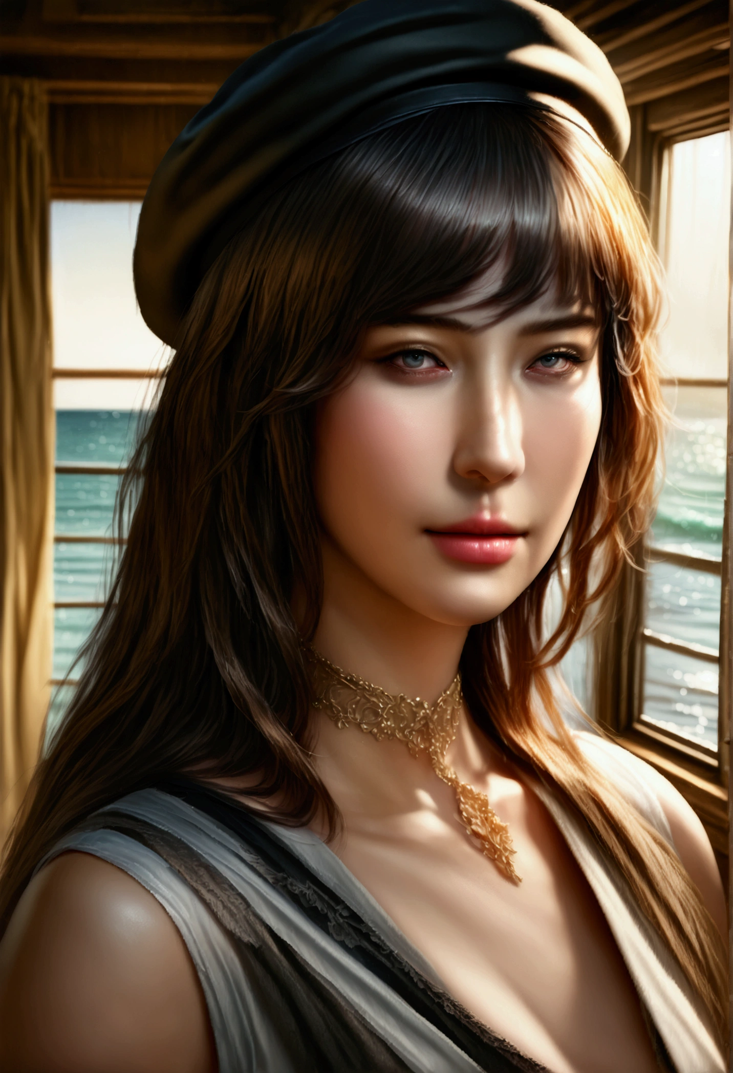 a very beautiful girl, golden necklaces, green eyes, french beret, horizontal black and white striped shirt, pierrot makeup, window overlooking the sea, (best quality,4k,8k,highres,masterpiece:1.2),ultra-detailed,(realistic,photorealistic,photo-realistic:1.37),intricate details,exquisite,elegant,cinematic lighting,warm color tones,award winning,digital painting